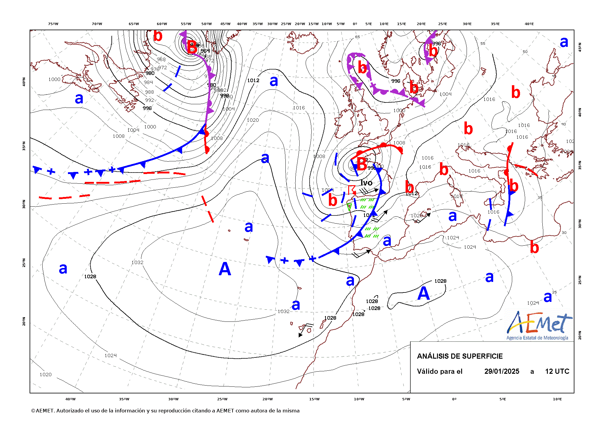 Análisis de superficie de las 12 UTC correspondiente al 29 de enero de 2025.