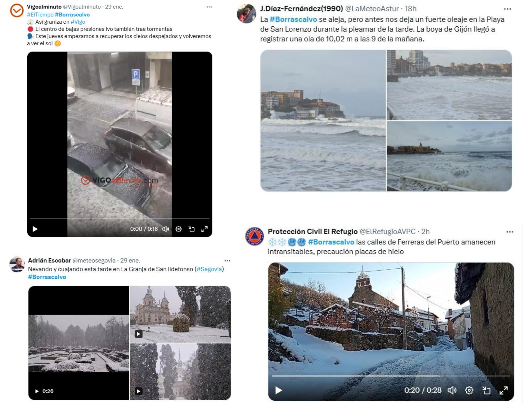 Reportes publicados en X relativos a algunos de los impactos ocasionados por la borrasca Ivo.