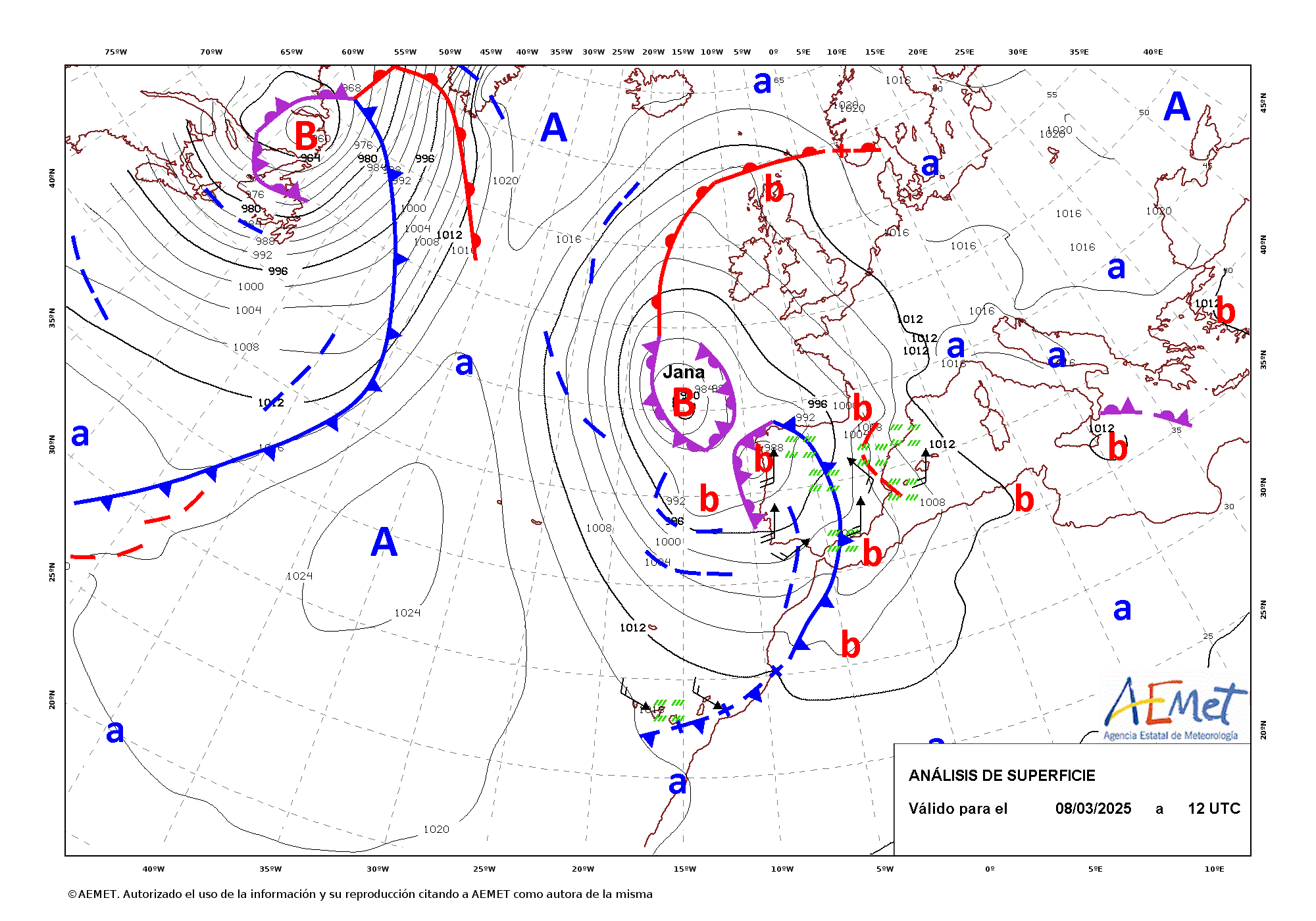 Análisis de superficie de las 12 UTC correspondiente al 8 de marzo de 2025.