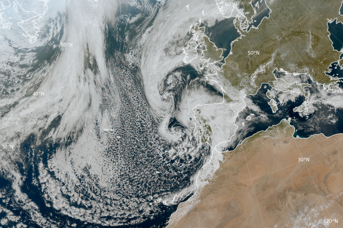 Borrasca Jana con su centro al noroeste de Galicia a las 12 UTC del día 8 de marzo de 2025. Imagen RGB color verdadero del satélite Meteosat-12.