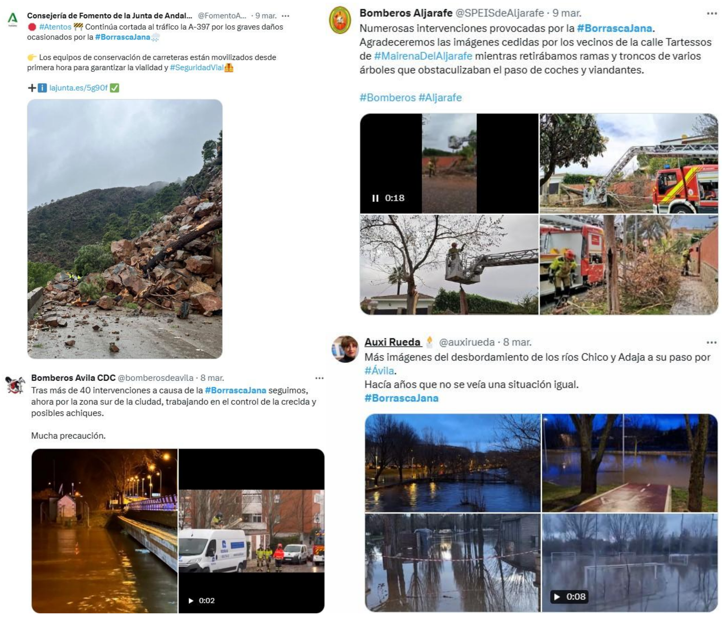 Reportes publicados en X relativos a algunos de los impactos ocasionados por la borrasca Jana.