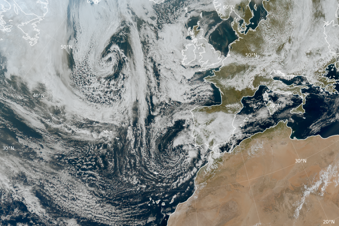 Borrasca Laurence con su centro al oeste del cabo de San Vicente a las 12 UTC del día 17 de marzo de 2025. Imagen RGB color verdadero del satélite Meteosat-12.