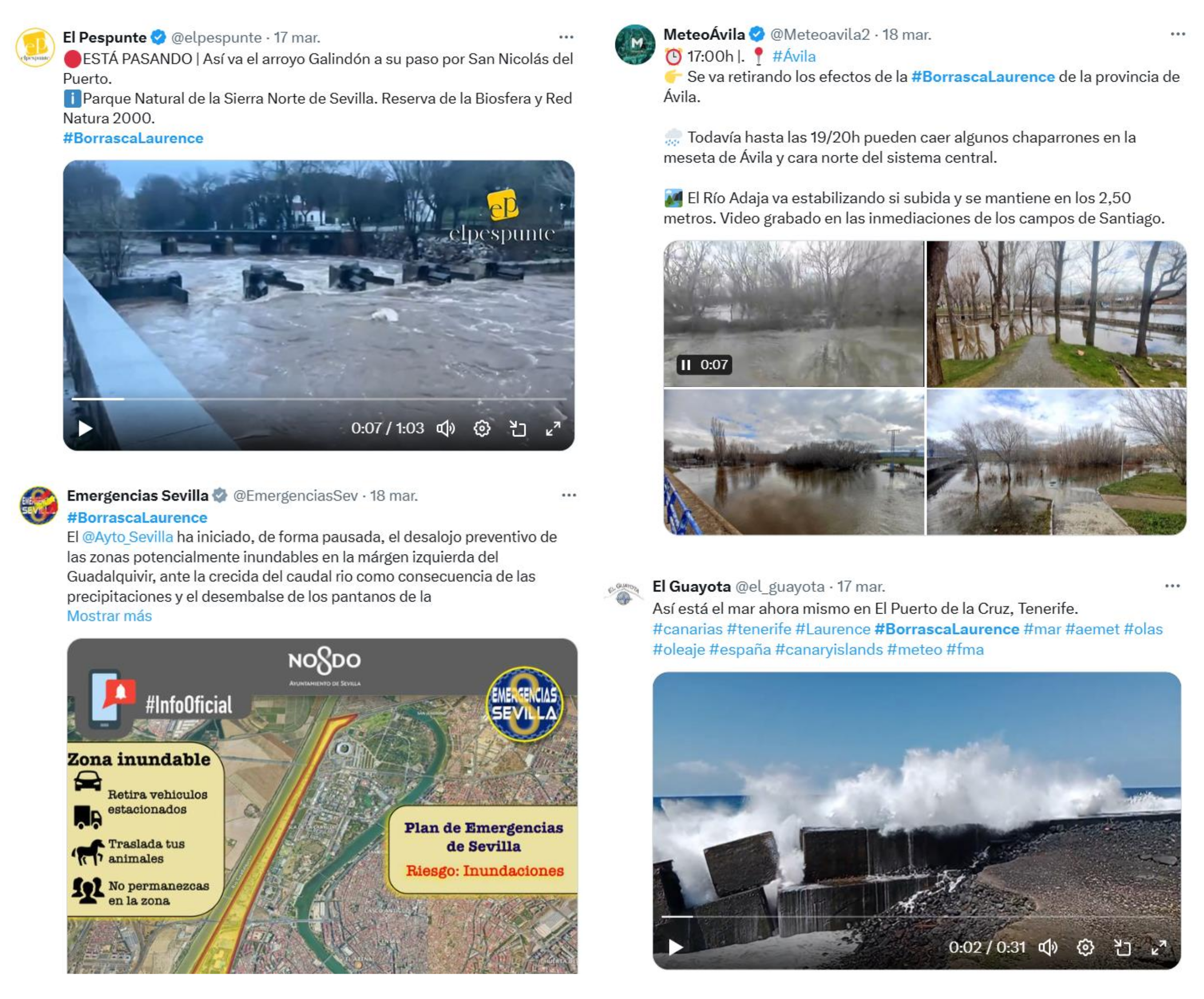 Reportes publicados en X relativos a algunos de los impactos ocasionados por la borrasca Laurence.