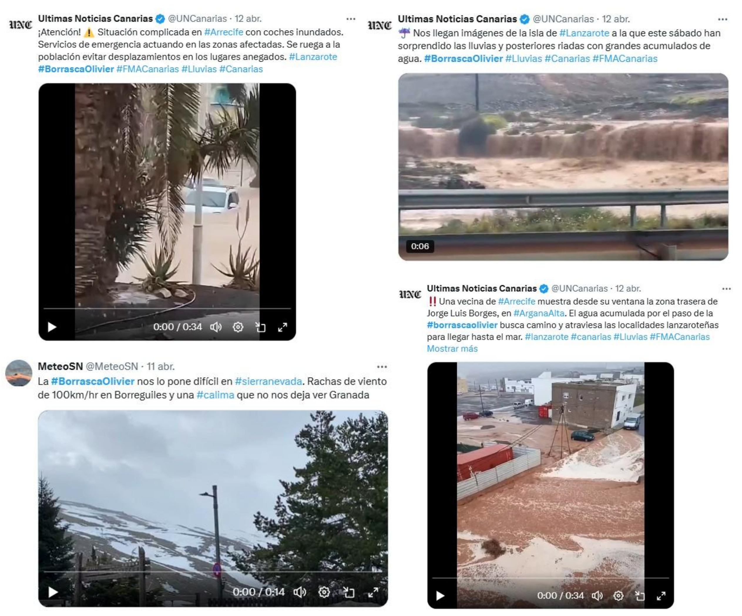 Reportes publicados en X relativos a algunos de los impactos ocasionados por la borrasca Olivier.