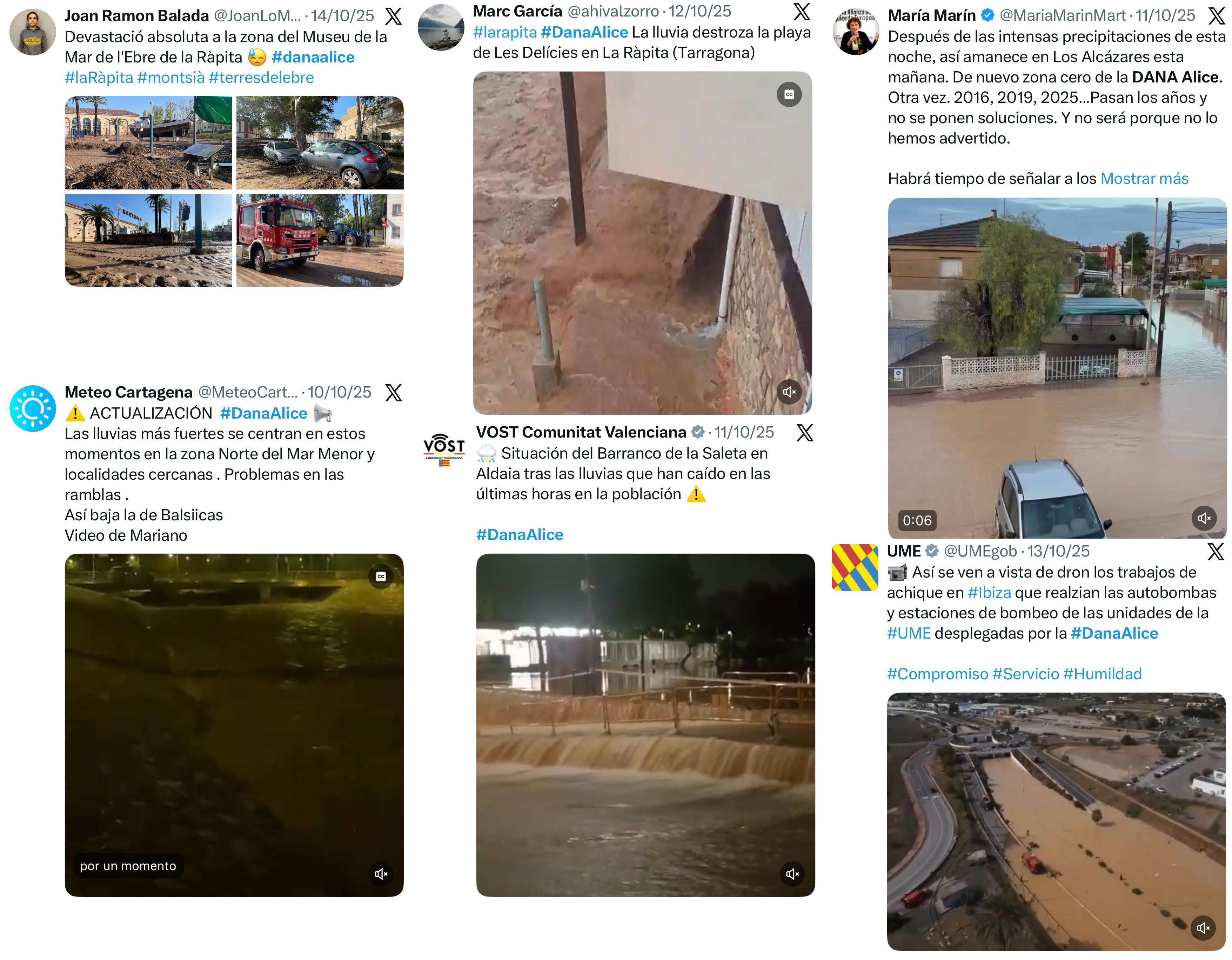 Reportes publicados en X relativos a algunos de los impactos ocasionados por la dana Alice.