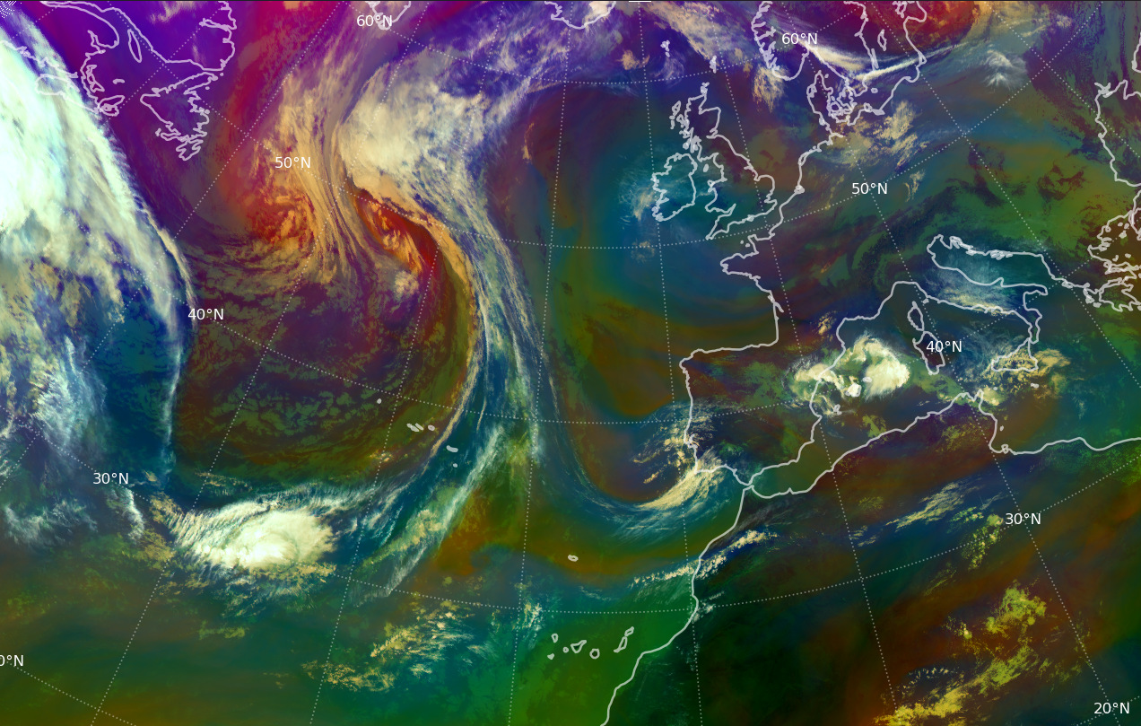 Imagen RGB de masas de aire del sat&eacute;lite Meteosat-12. Se aprecia el centro fr&iacute;o en altura asociado a la dana Alice sobre el cuadrante noreste peninsular.