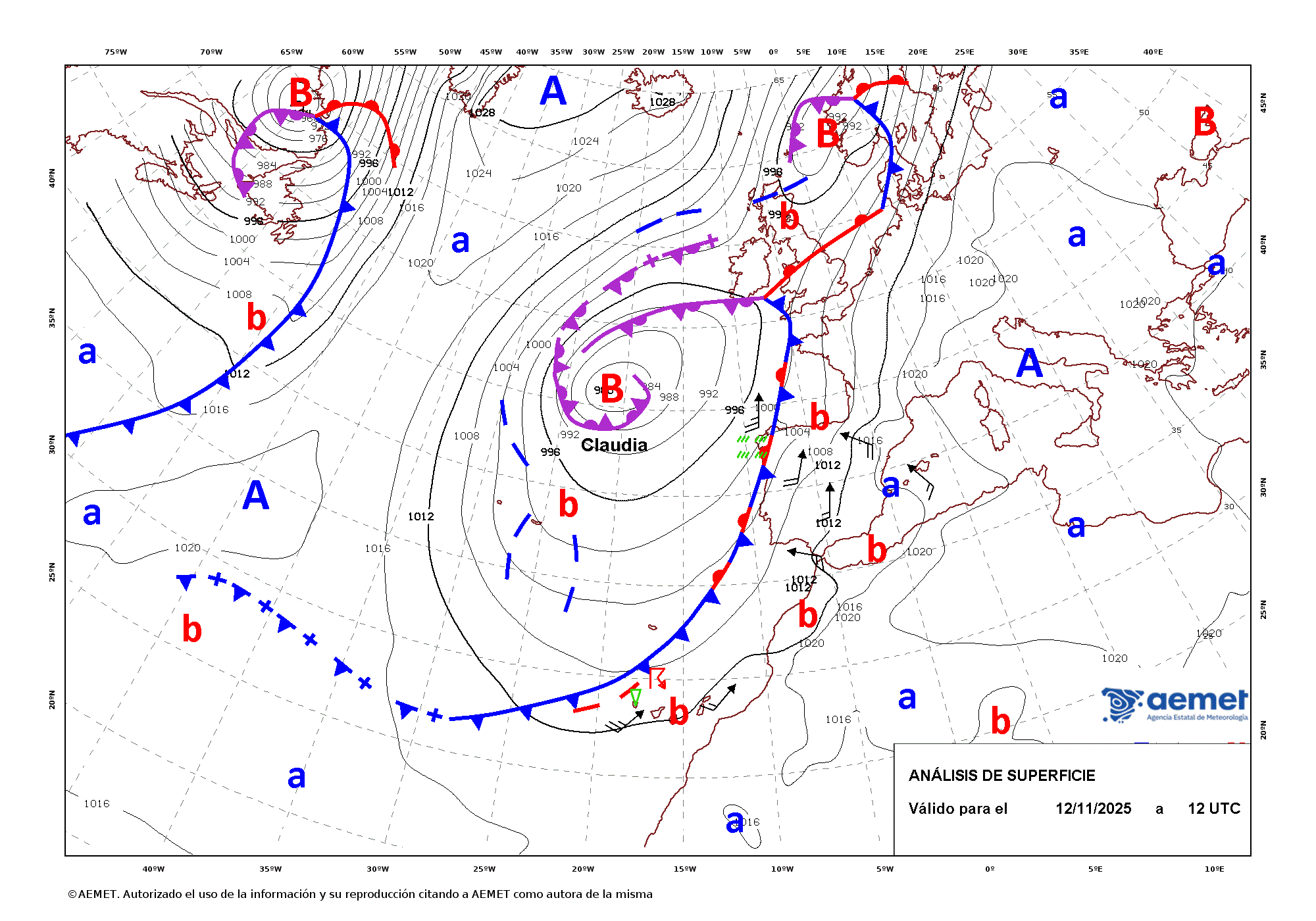 An&aacute;lisis de superficie de las 12 UTC para el d&iacute;a 12 de noviembre de 2025.