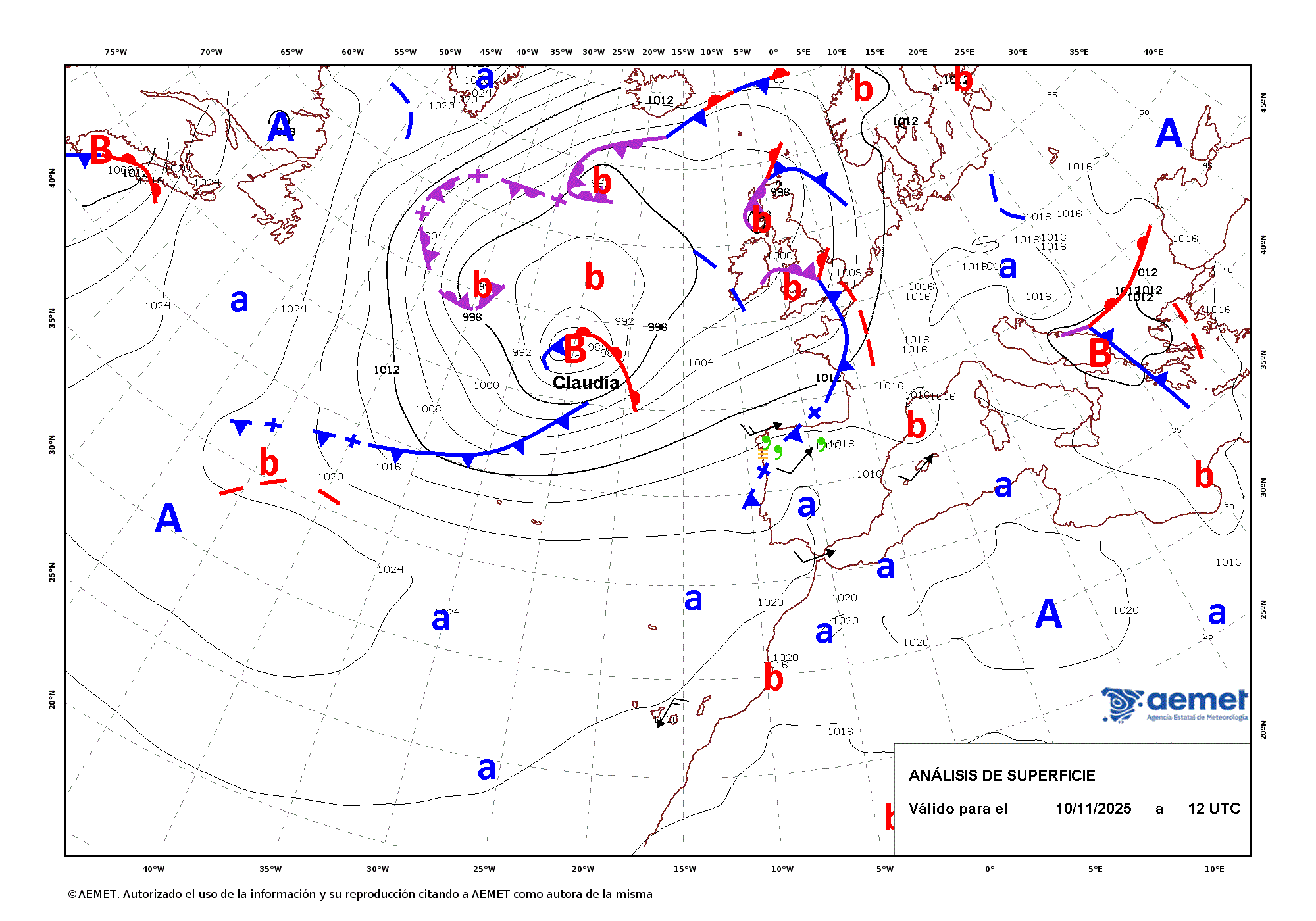 Evoluci&oacute;n de Claudia entre los d&iacute;as 10 y 16 de noviembre de 2025 (an&aacute;lisis cada 12 horas).