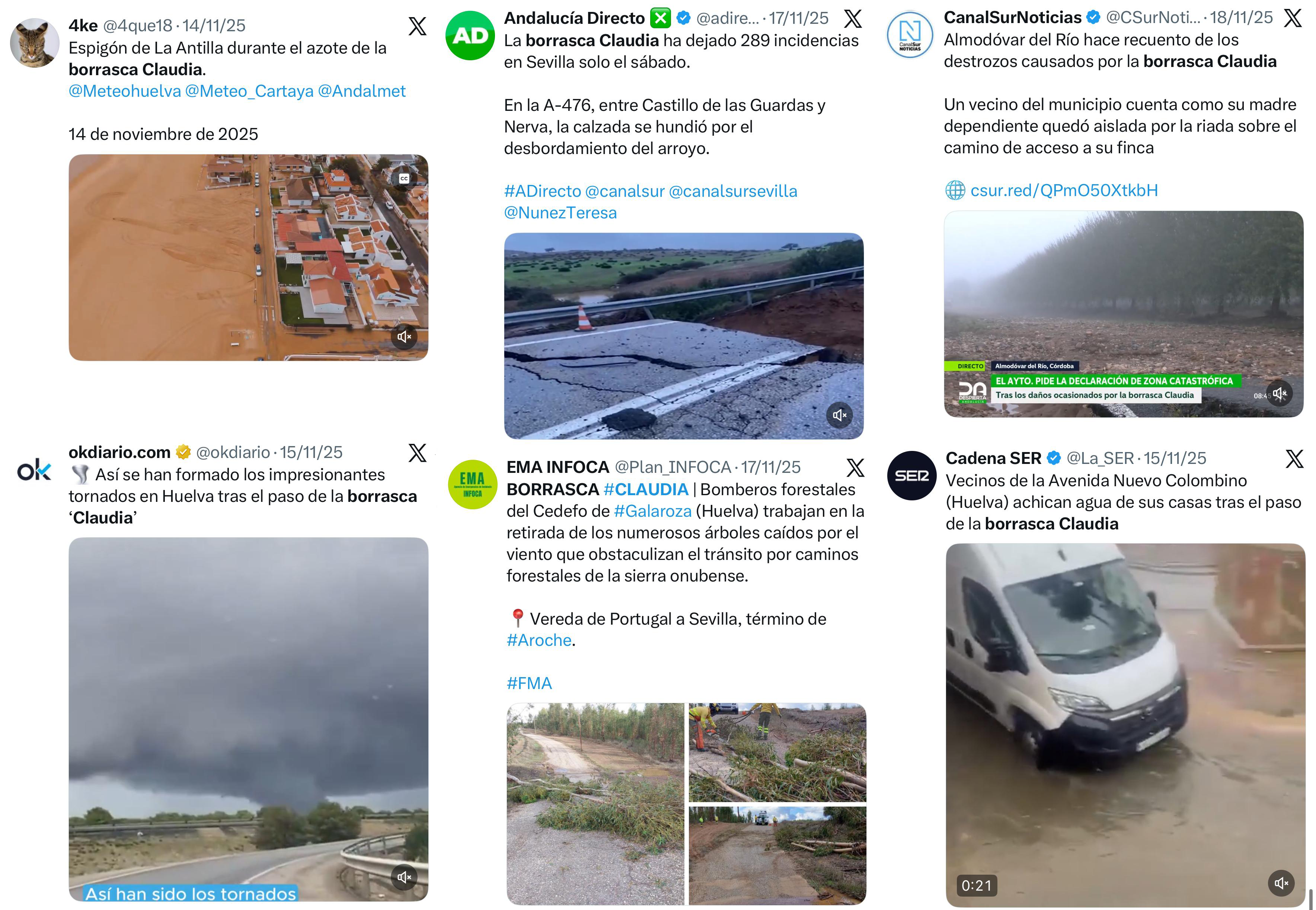 Reportes publicados en X relativos a algunos de los impactos ocasionados por la borrasca Claudia.