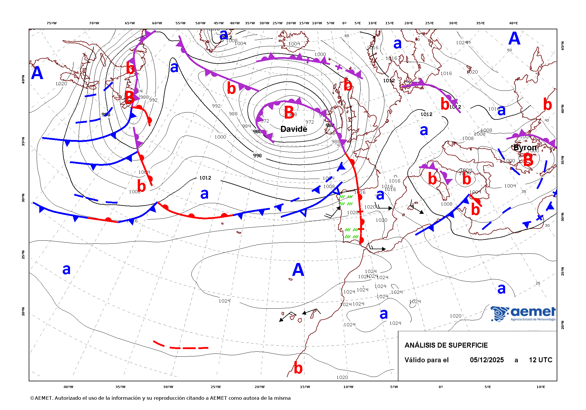 An&aacute;lisis de superficie de las 12 UTC para el d&iacute;a 5 de diciembre de 2025.