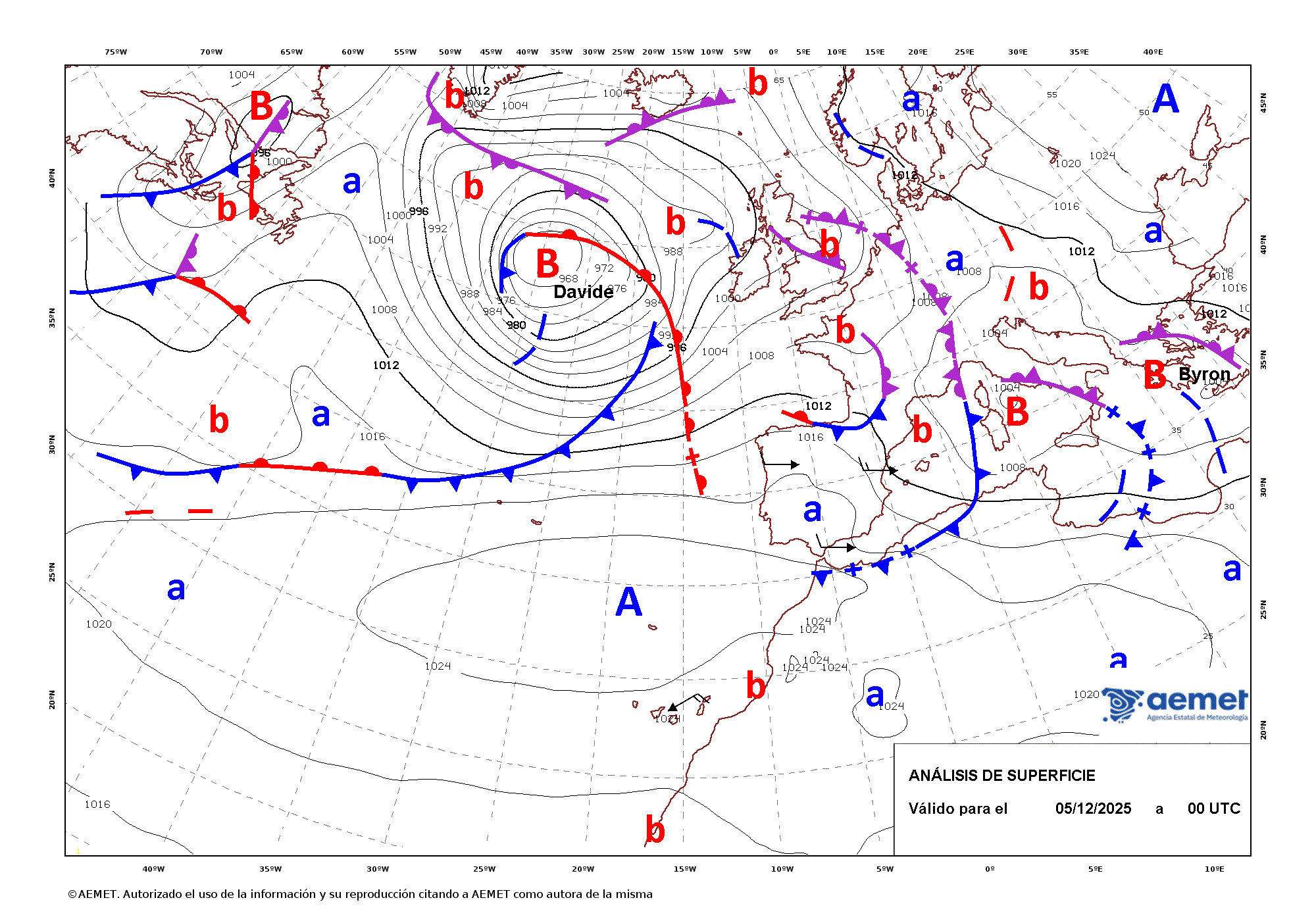 Evoluci&oacute;n de Davide entre los d&iacute;as 5 y 6 de diciembre de 2025 (an&aacute;lisis cada 12 horas).