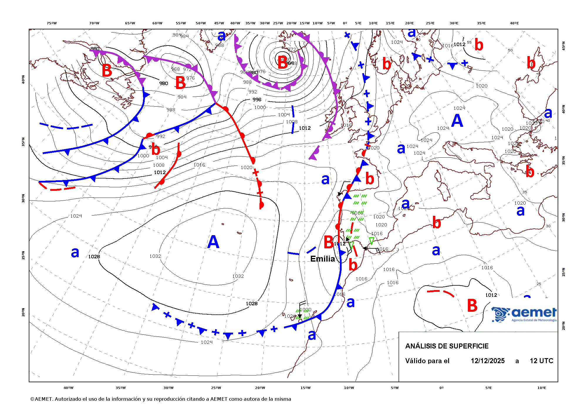 An&aacute;lisis de superficie de las 12 UTC para el d&iacute;a 12 de diciembre de 2025.