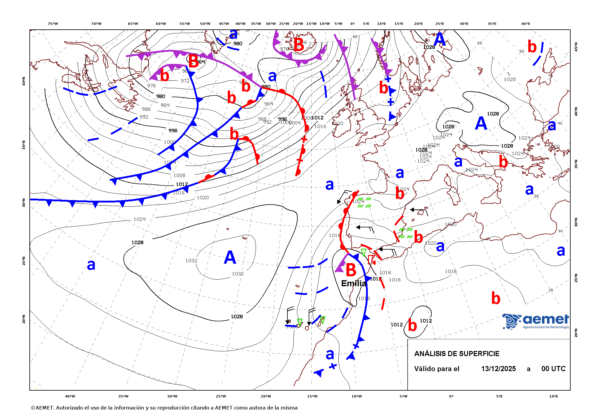 Evoluci&oacute;n de Emilia entre los d&iacute;as 12 y 14 de diciembre de 2025 (an&aacute;lisis cada 12 horas).