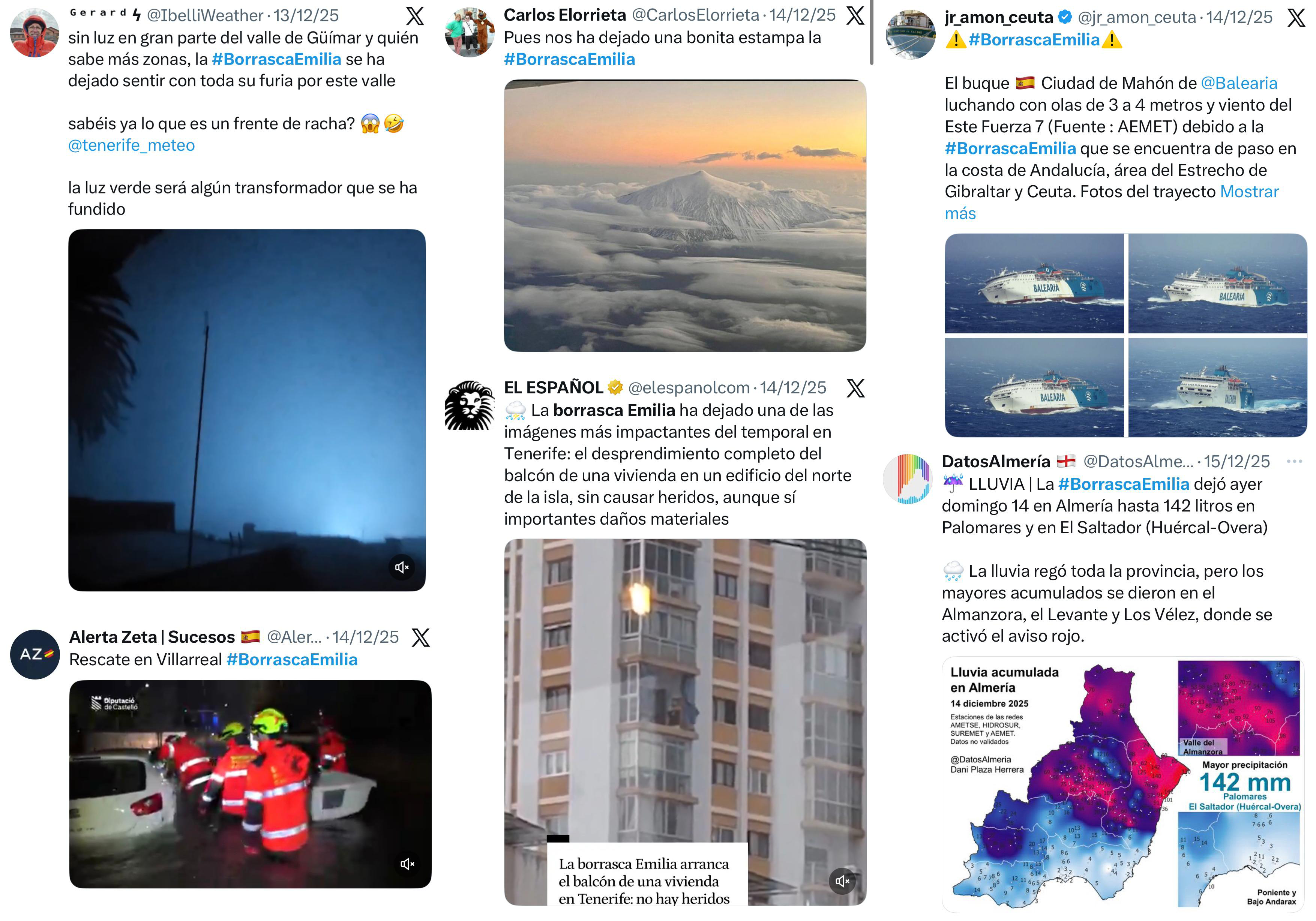 Reportes publicados en X relativos a algunos de los impactos ocasionados por la borrasca Emilia.