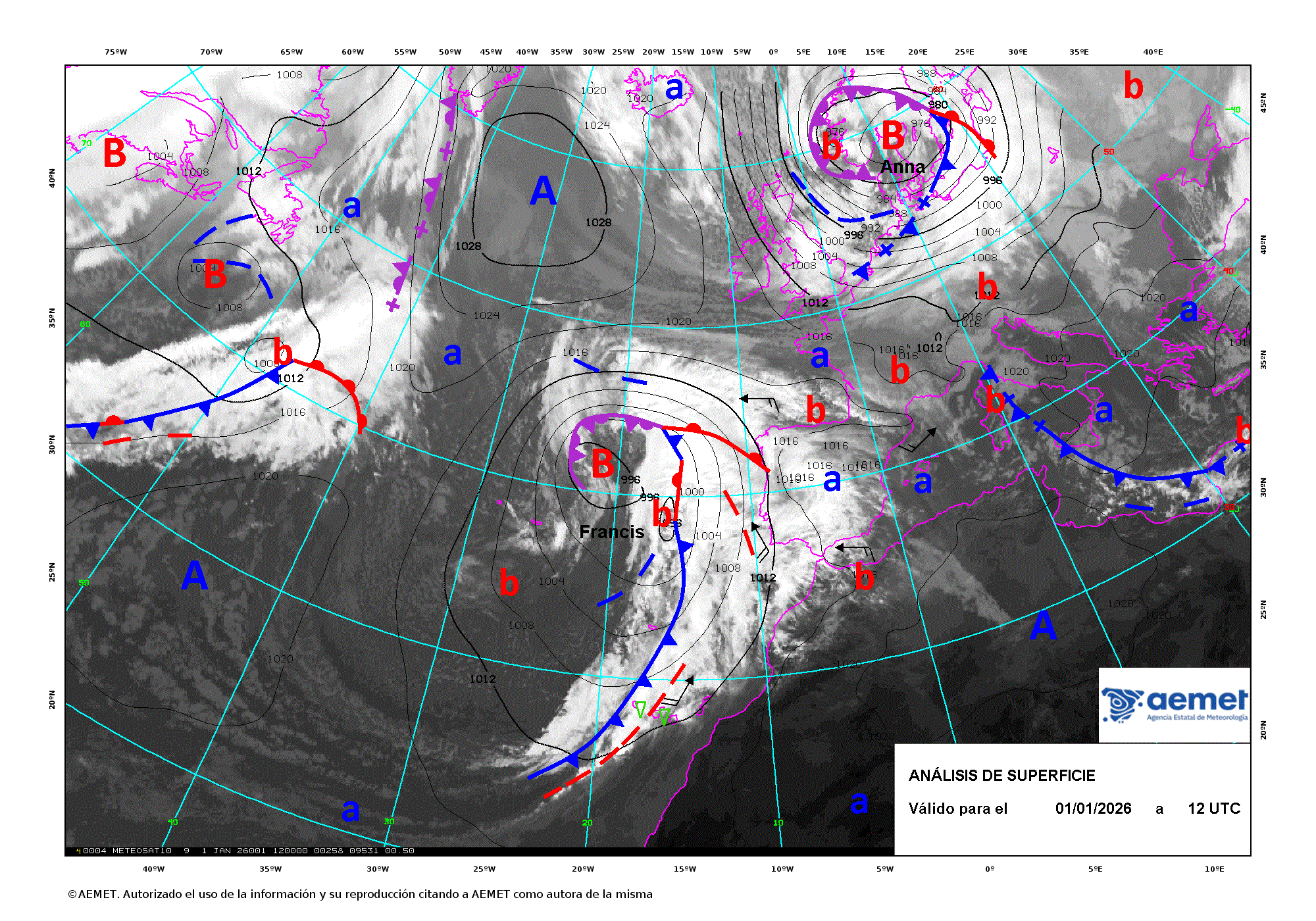 An&aacute;lisis de superficie de las 12 UTC para el d&iacute;a 1 de enero de 2026.
