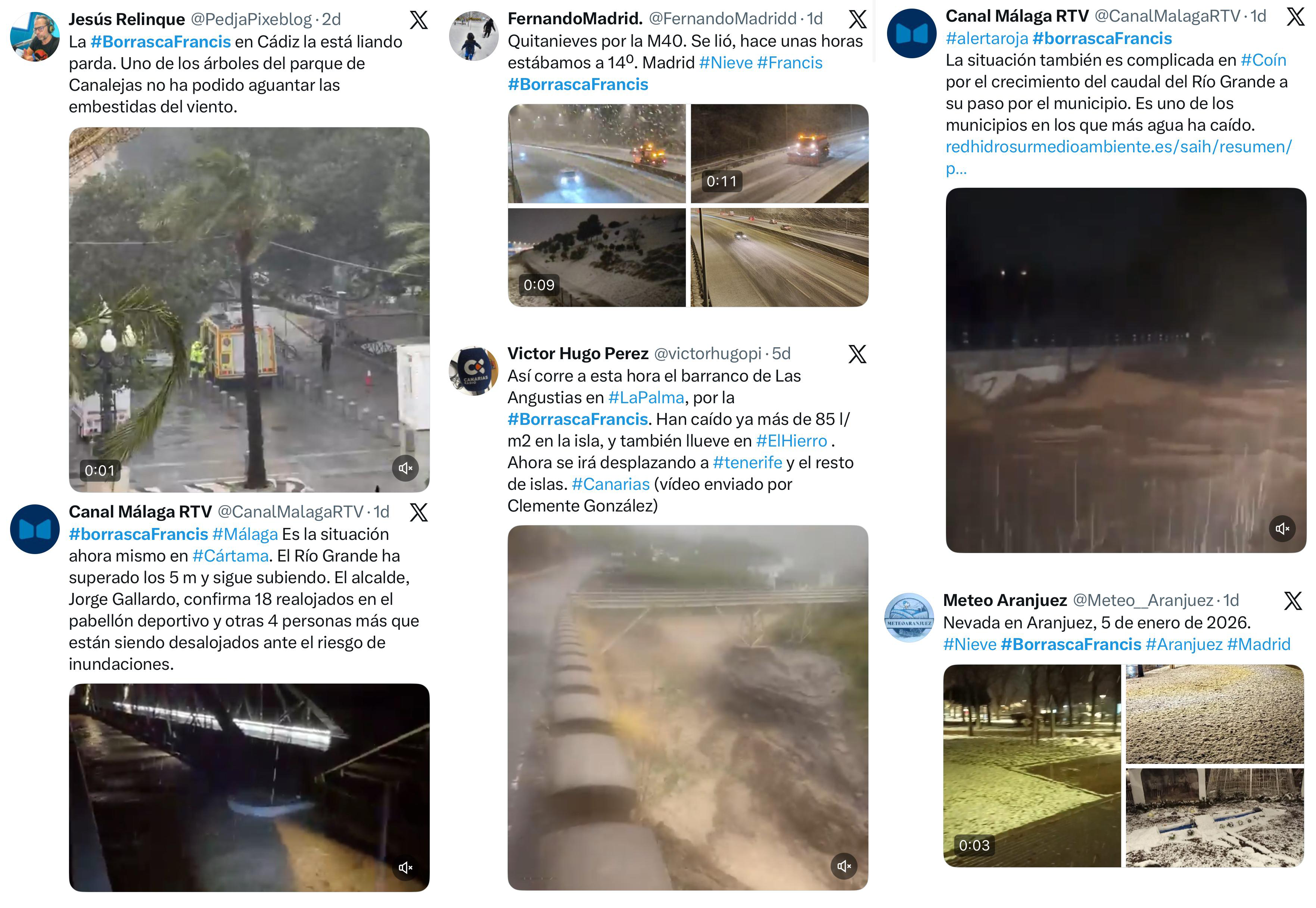 Reportes publicados en X relativos a algunos de los impactos ocasionados por la borrasca Francis.