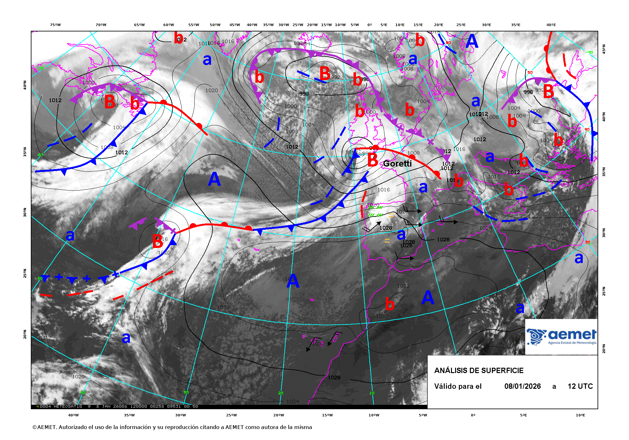 An&aacute;lisis de superficie de las 12 UTC para el d&iacute;a 8 de enero de 2026.