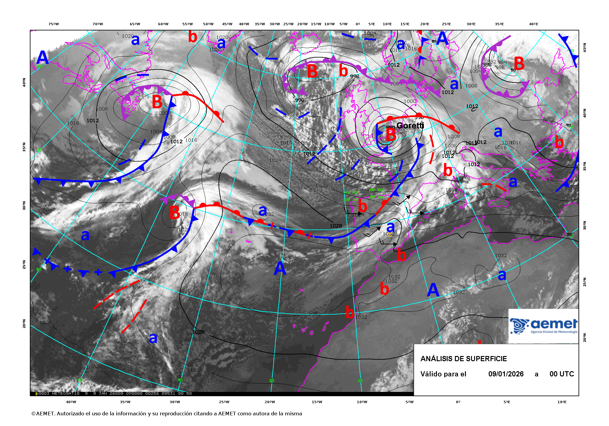 Evoluci&oacute;n de Goretti entre los d&iacute;as 8 y 10 de enero de 2026 (an&aacute;lisis cada 12 horas).
