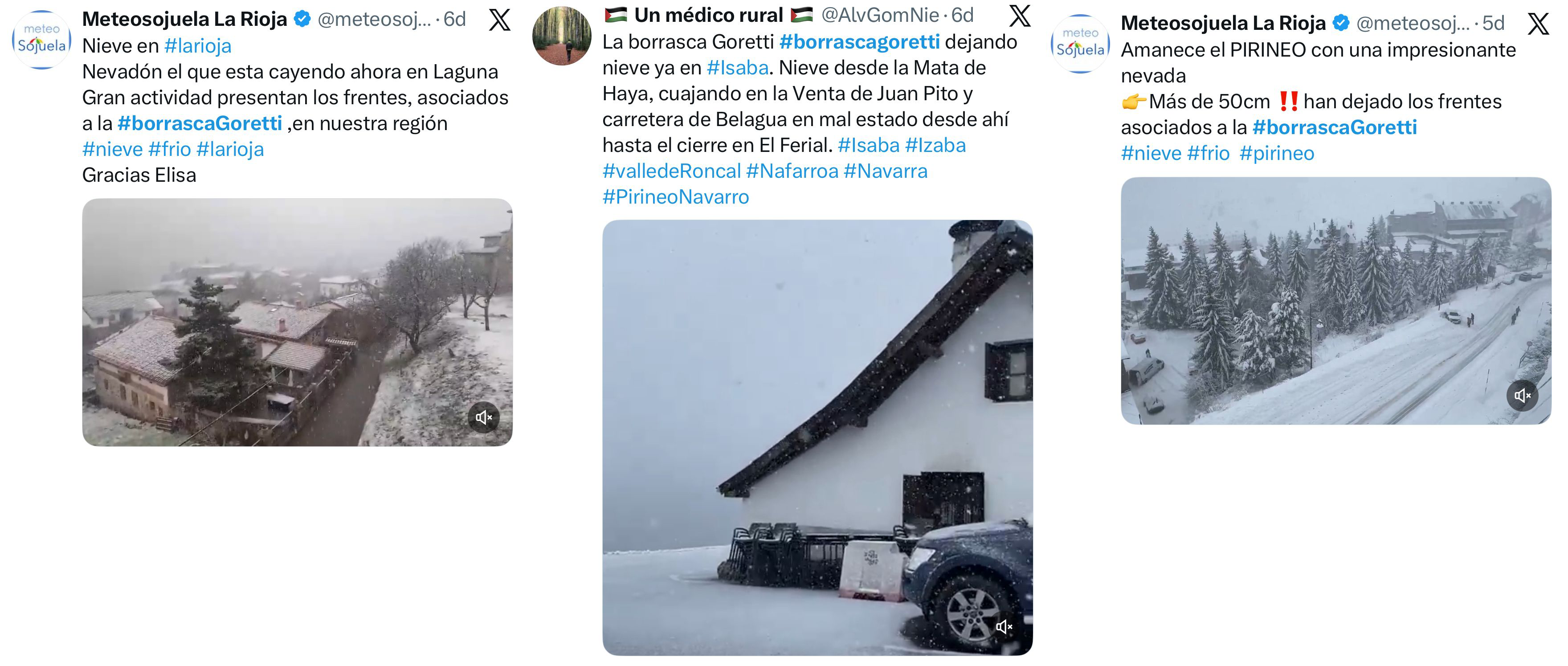 Reportes publicados en X relativos a algunos de los impactos ocasionados por la borrasca Goretti.