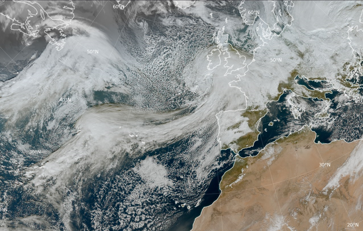 Borrasca Goretti a las 12 UTC del d&iacute;a 8 de enero de 2026 localizada al sur de las islas brit&aacute;nicas. Imagen RGB color verdadero del sat&eacute;lite Meteosat-12.