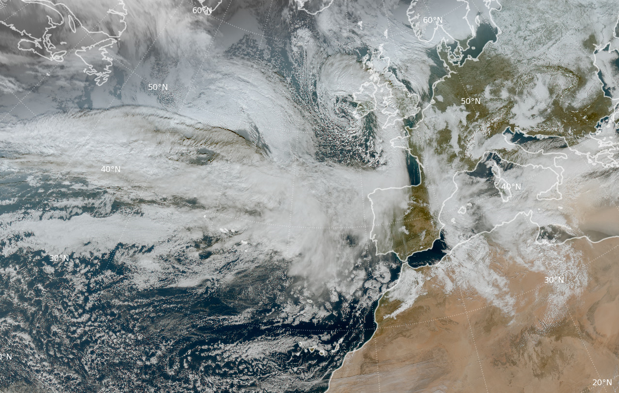 Borrasca Harry a las 12 UTC del d&iacute;a 20 de enero de 2026 centrada sobre la costa de T&uacute;nez. Imagen RGB color verdadero del sat&eacute;lite Meteosat-12.