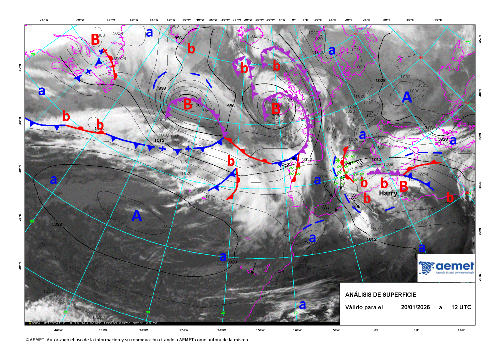An&aacute;lisis de superficie de las 12 UTC para el d&iacute;a 20 de enero de 2026.