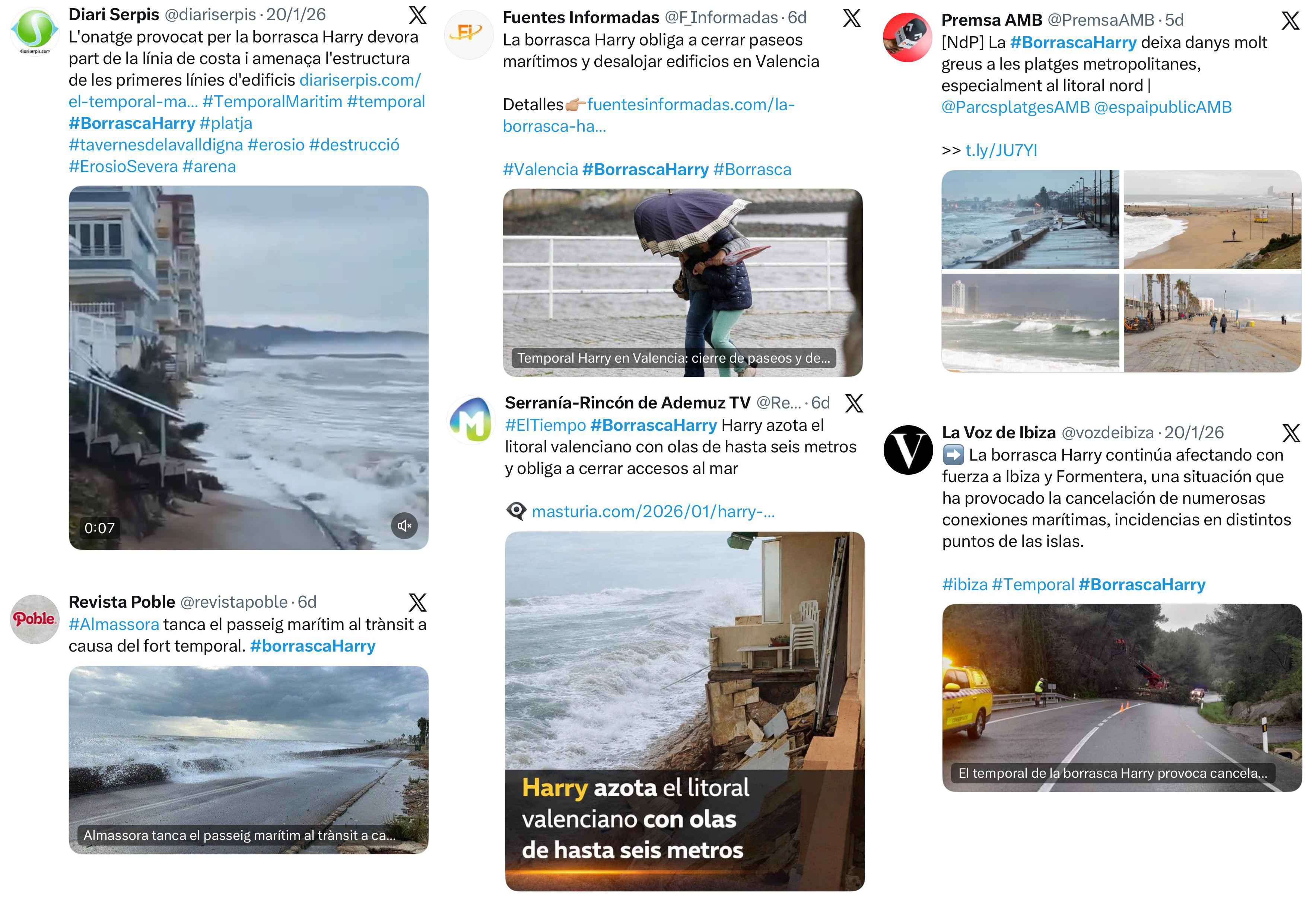 Reportes publicados en X relativos a algunos de los impactos ocasionados por la borrasca Harry.