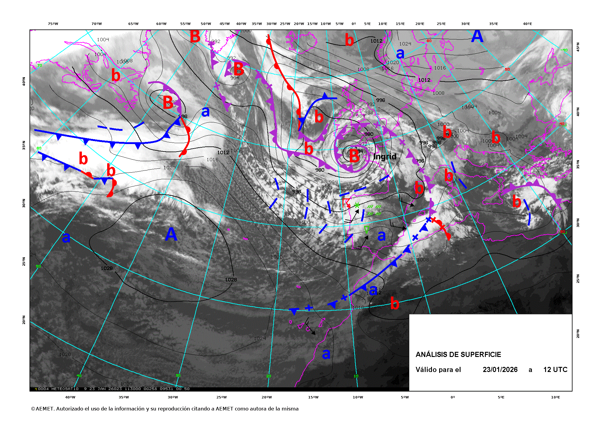 An&aacute;lisis de superficie de las 12 UTC para el d&iacute;a 23 de enero de 2026.