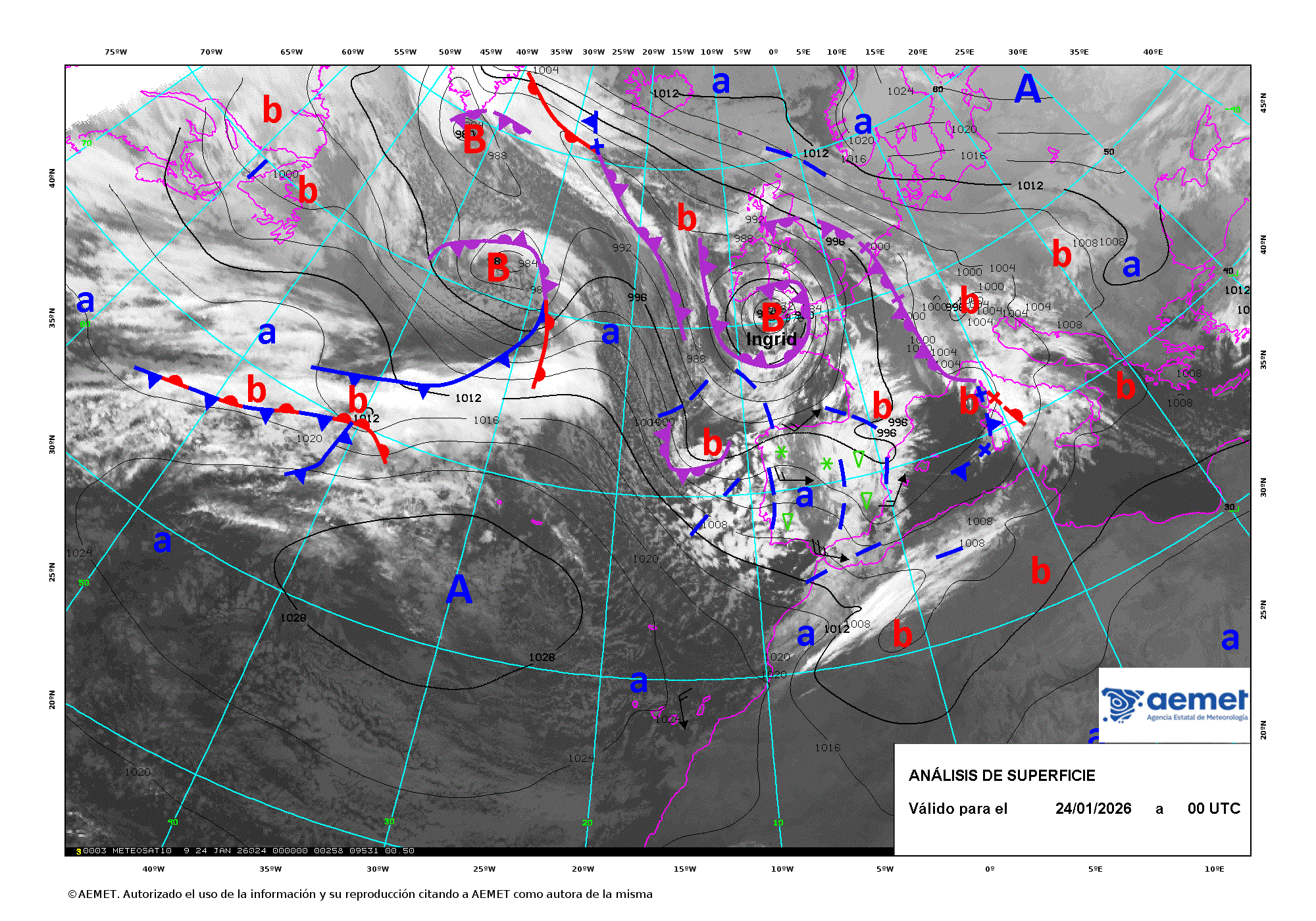 Evoluci&oacute;n de Ingrid entre los d&iacute;as 22 y 25 de enero de 2026 (an&aacute;lisis cada 12 horas).