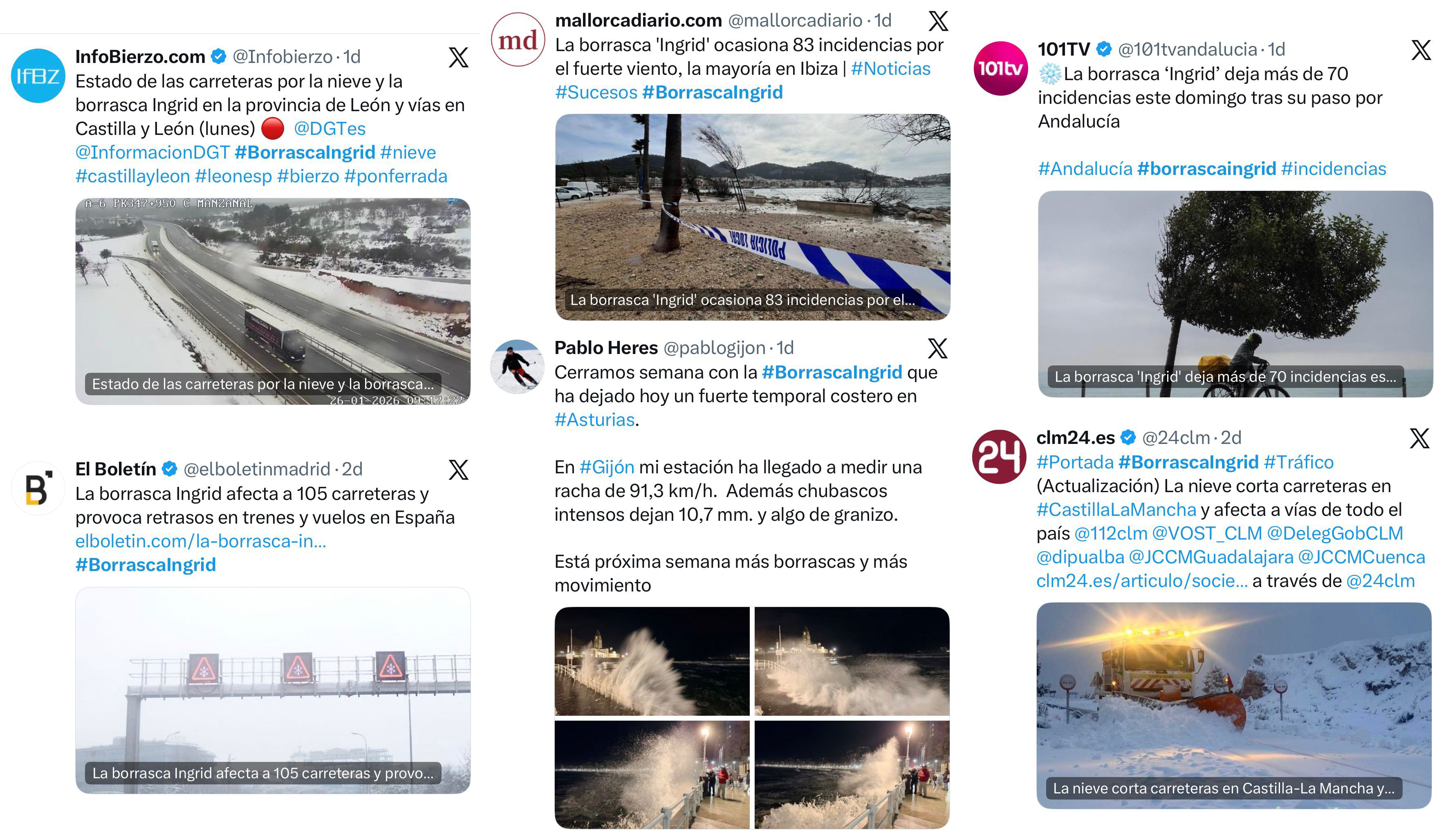 Reportes publicados en X relativos a algunos de los impactos ocasionados por la borrasca Ingrid.