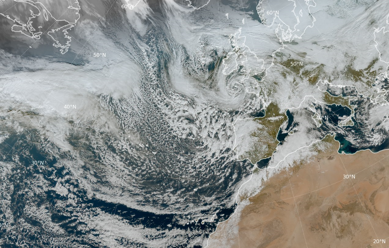 Borrasca Ingrid a las 12 UTC del d&iacute;a 23 de enero de 2026 centrada sobre el mar C&eacute;ltico. Imagen RGB color verdadero del sat&eacute;lite Meteosat-12.
