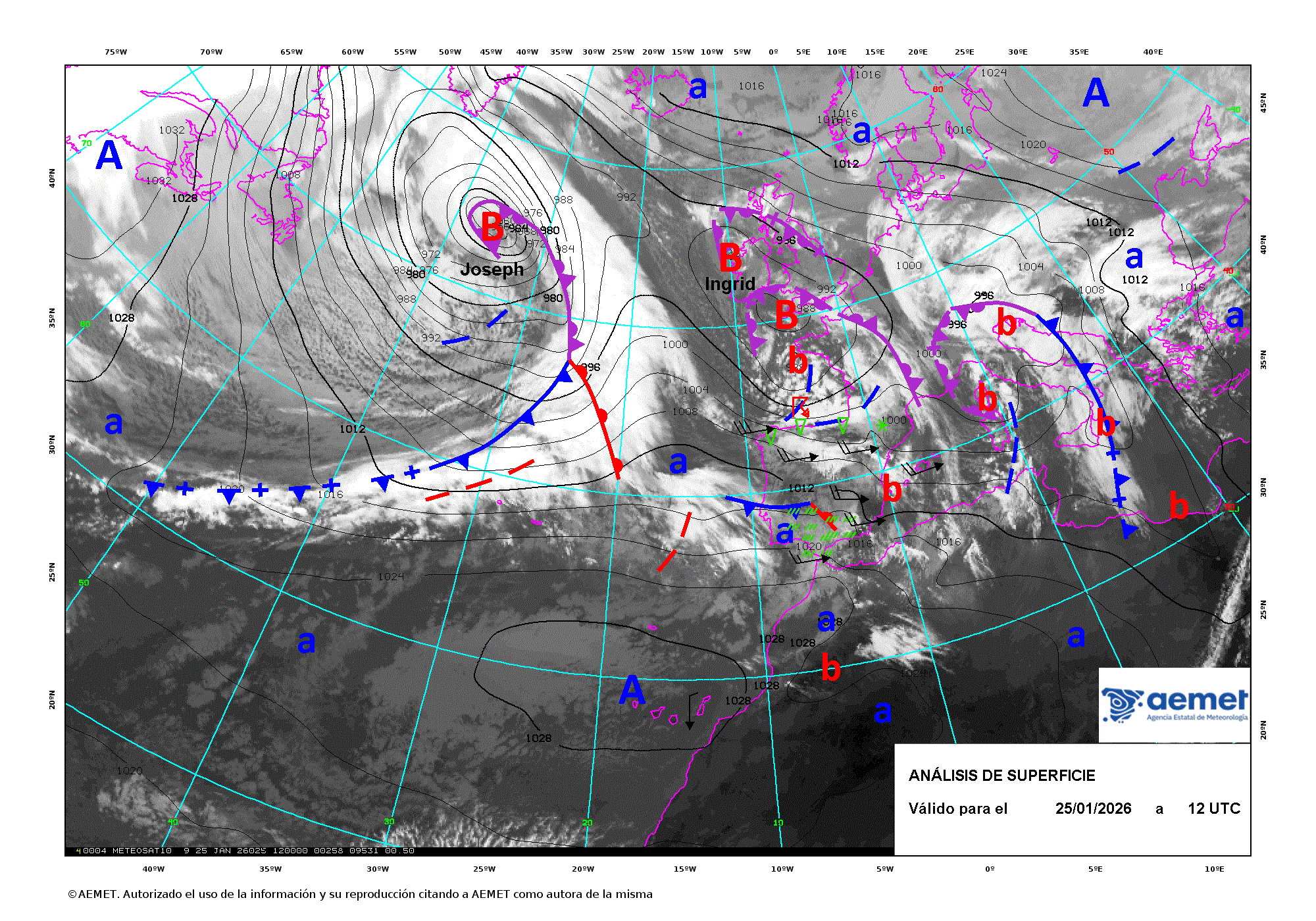 Evoluci&oacute;n de Joseph entre los d&iacute;as 25 y 27 de enero de 2026 (an&aacute;lisis cada 12 horas).