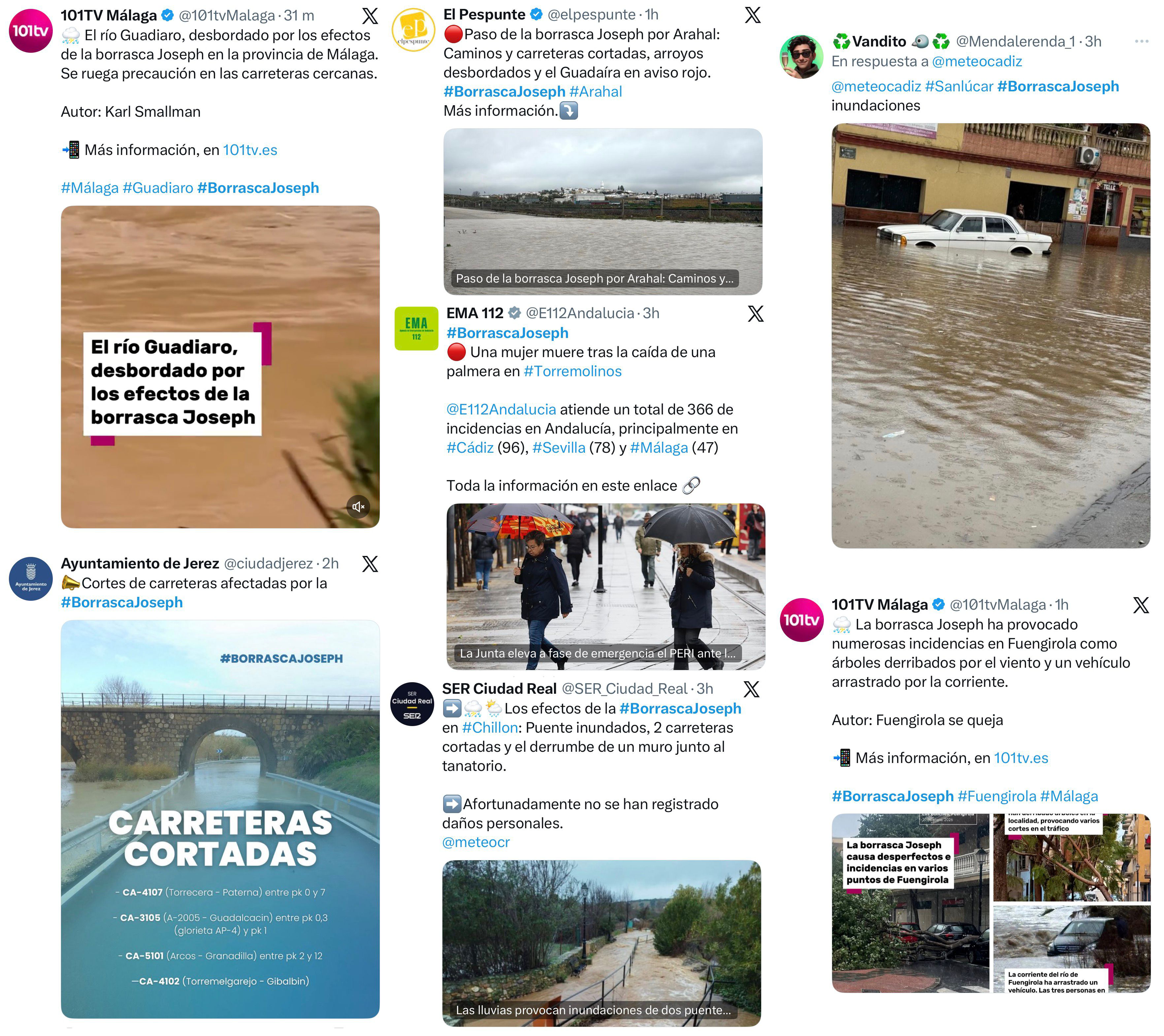 Reportes publicados en X relativos a algunos de los impactos ocasionados por la borrasca Joseph.