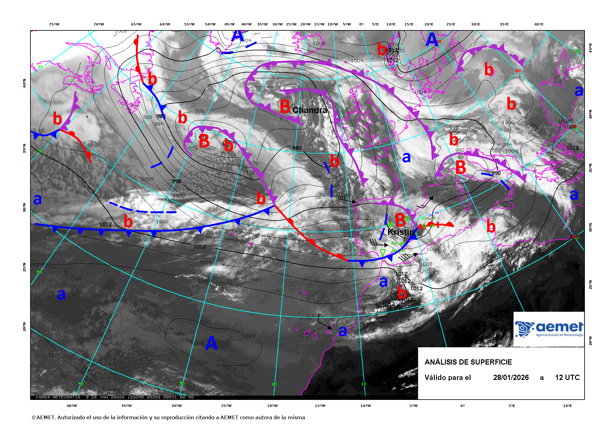 An&aacute;lisis de superficie de las 12 UTC para el d&iacute;a 28 de enero de 2026.