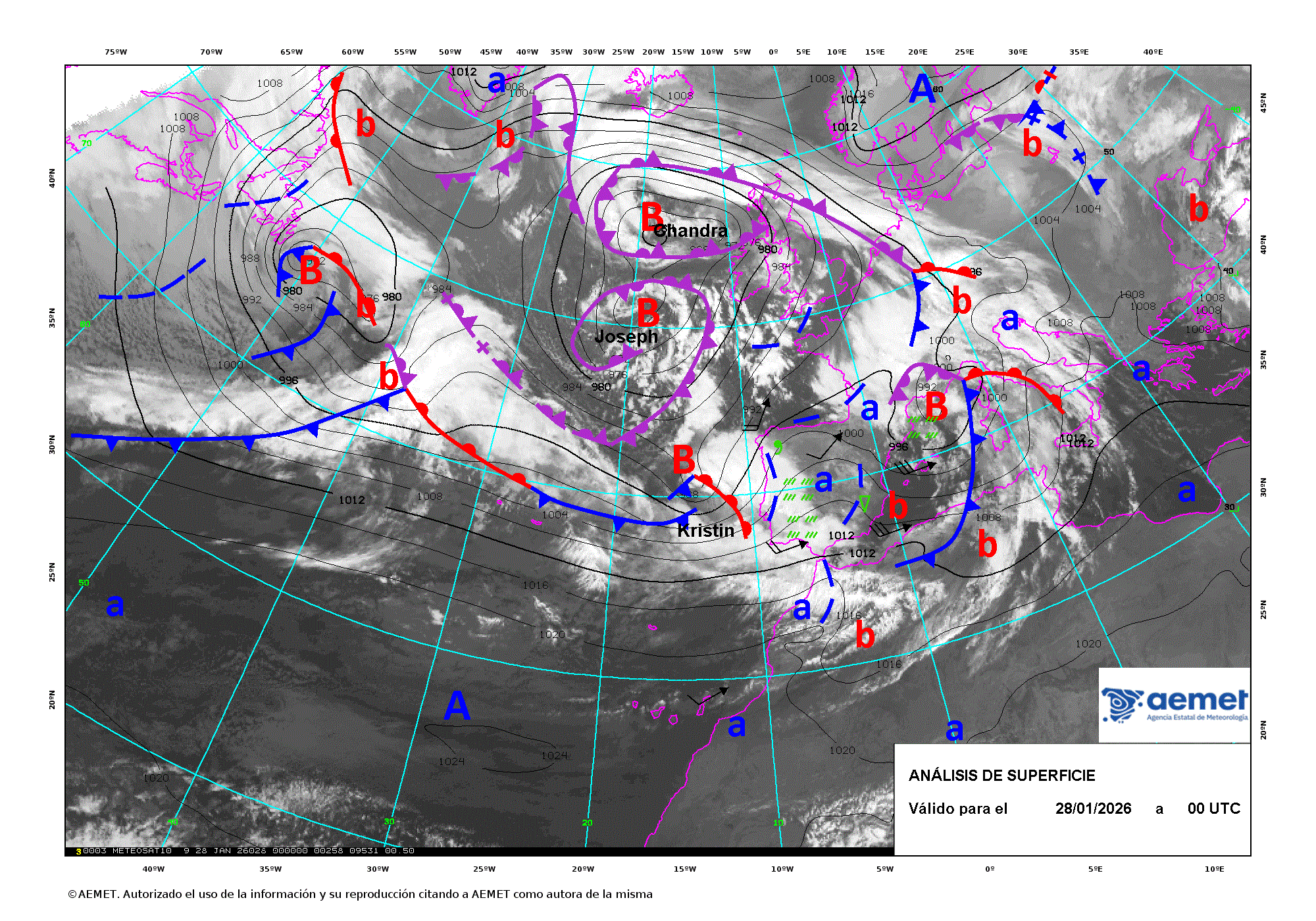 Evoluci&oacute;n de Kristin entre los d&iacute;as 28 y 29 de enero de 2026 (an&aacute;lisis cada 12 horas).