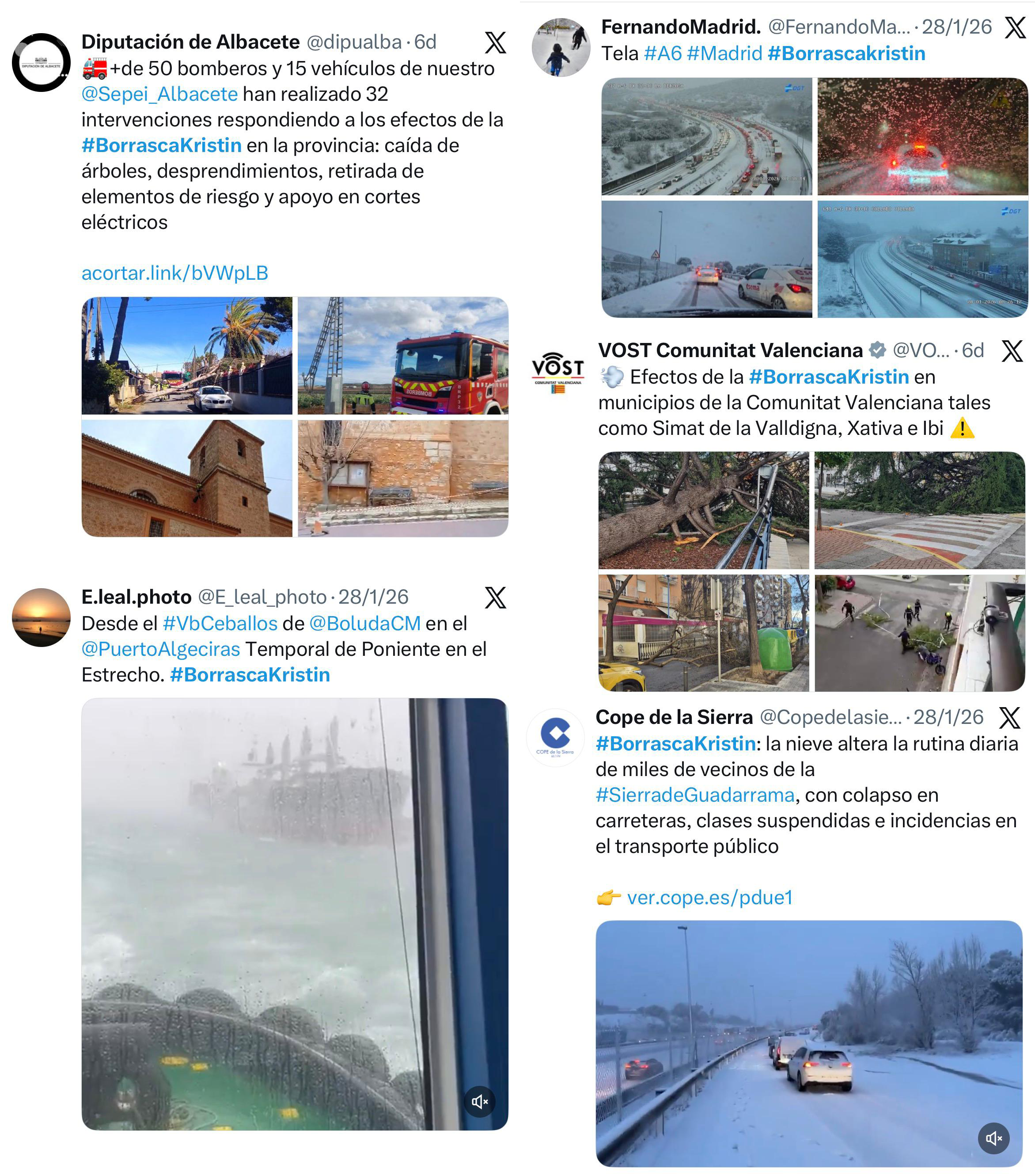 Reportes publicados en X relativos a algunos de los impactos ocasionados por la borrasca Kristin.