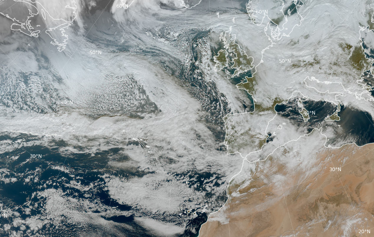 Borrasca Kristin a las 12 UTC del d&iacute;a 28 de enero de 2026 centrada sobre el litoral valenciano. Imagen RGB color verdadero del sat&eacute;lite Meteosat-12.
