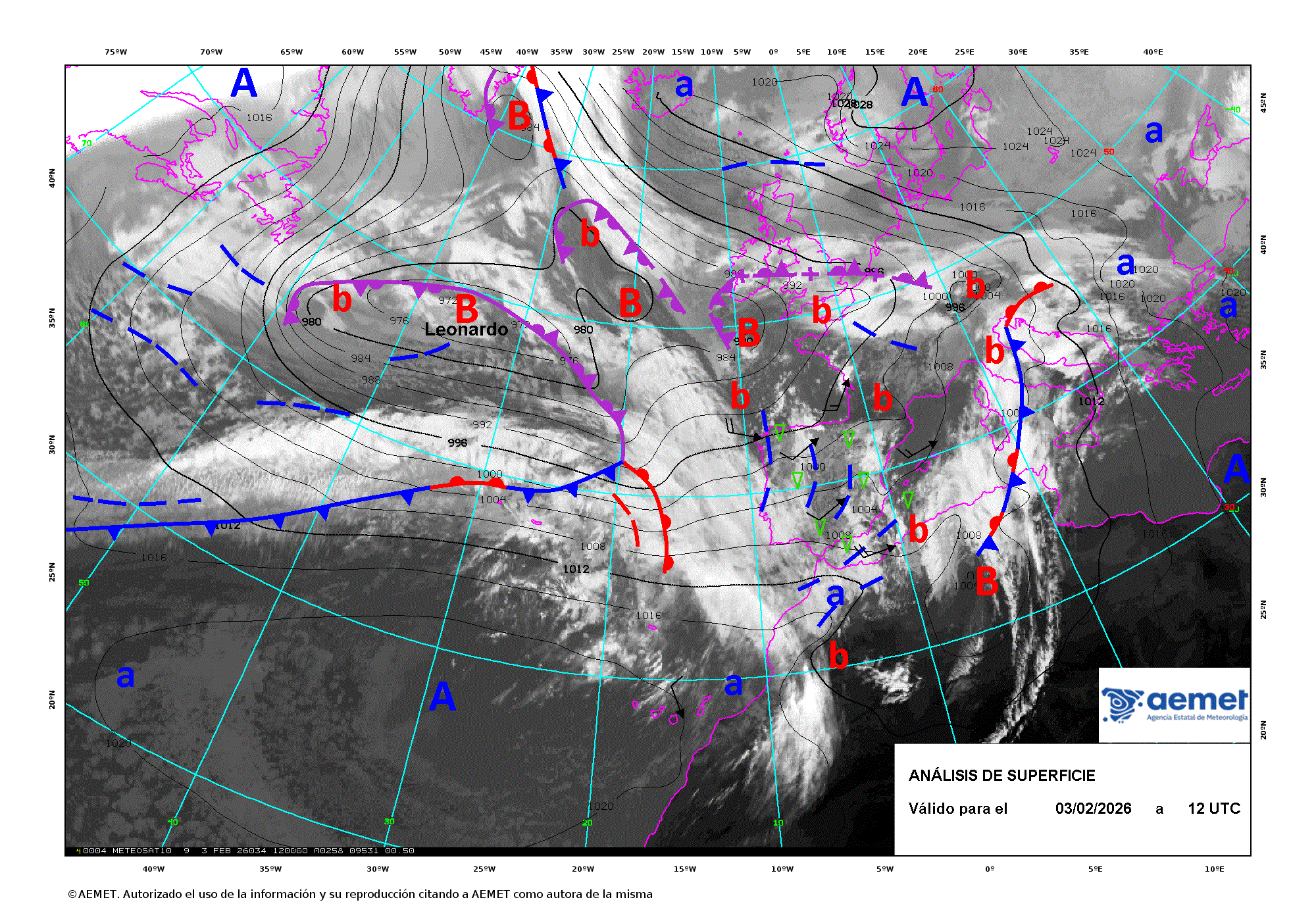 An&aacute;lisis de superficie de las 12 UTC para el d&iacute;a 3 de febrero de 2026.