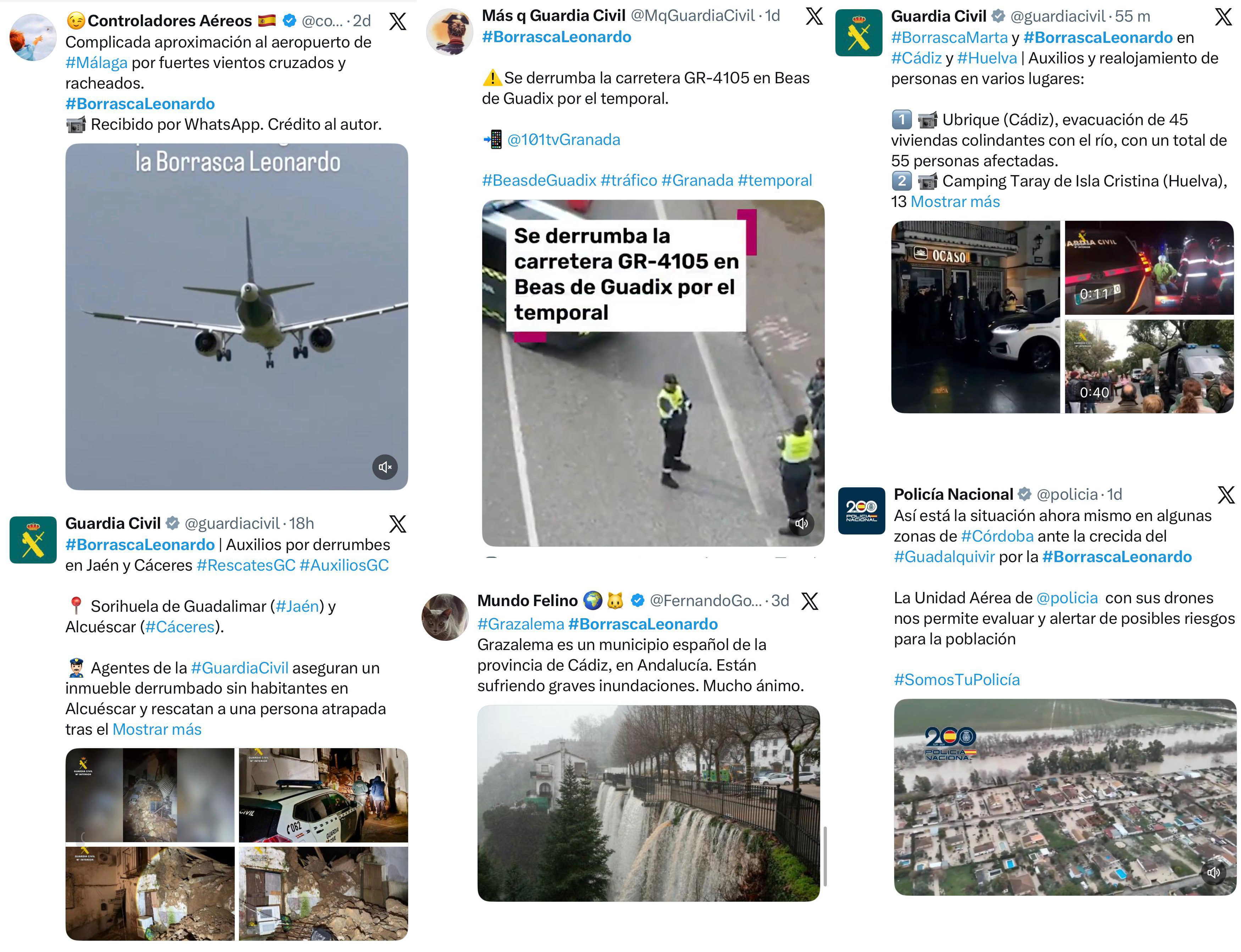 Reportes publicados en X relativos a algunos de los impactos ocasionados por la borrasca Leonardo.