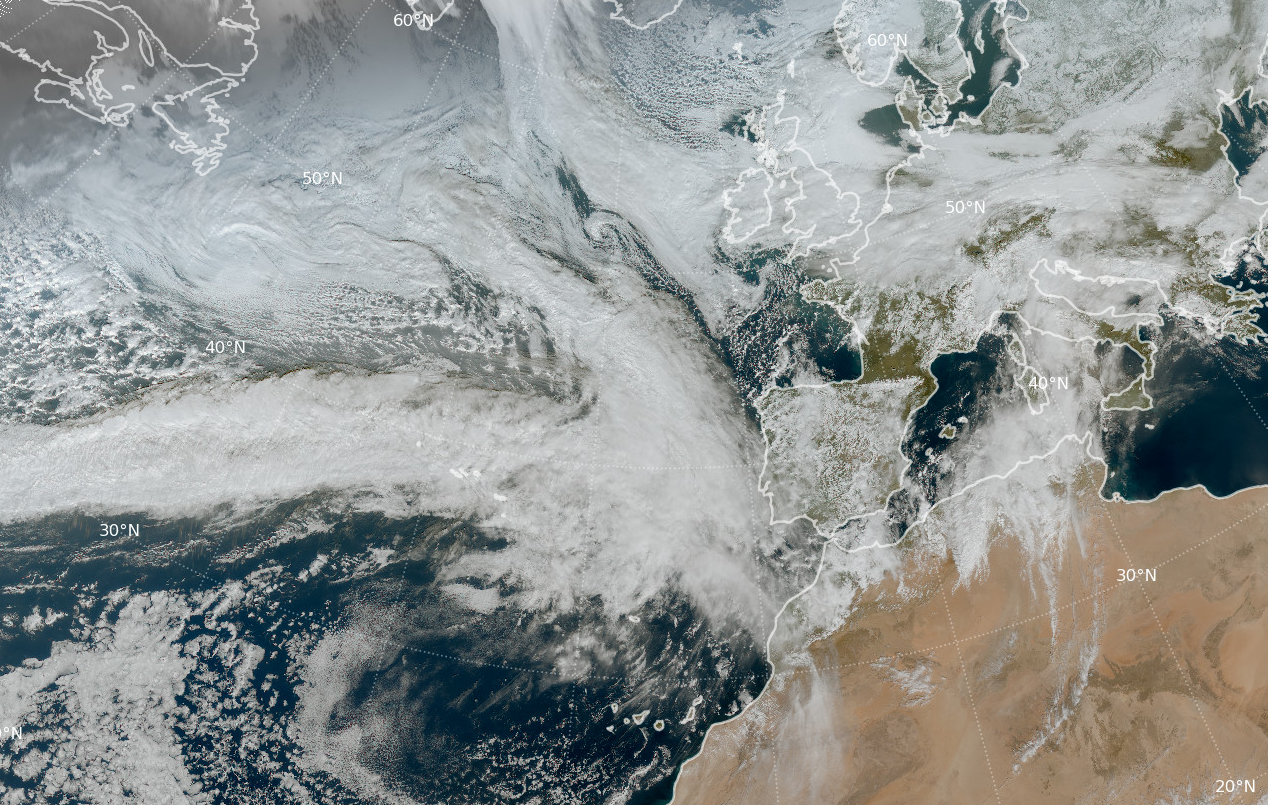 Borrasca Leonardo a las 12 UTC del d&iacute;a 3 de febrero de 2026 situada sobre el Atl&aacute;ntico norte. Imagen RGB color verdadero del sat&eacute;lite Meteosat-12.