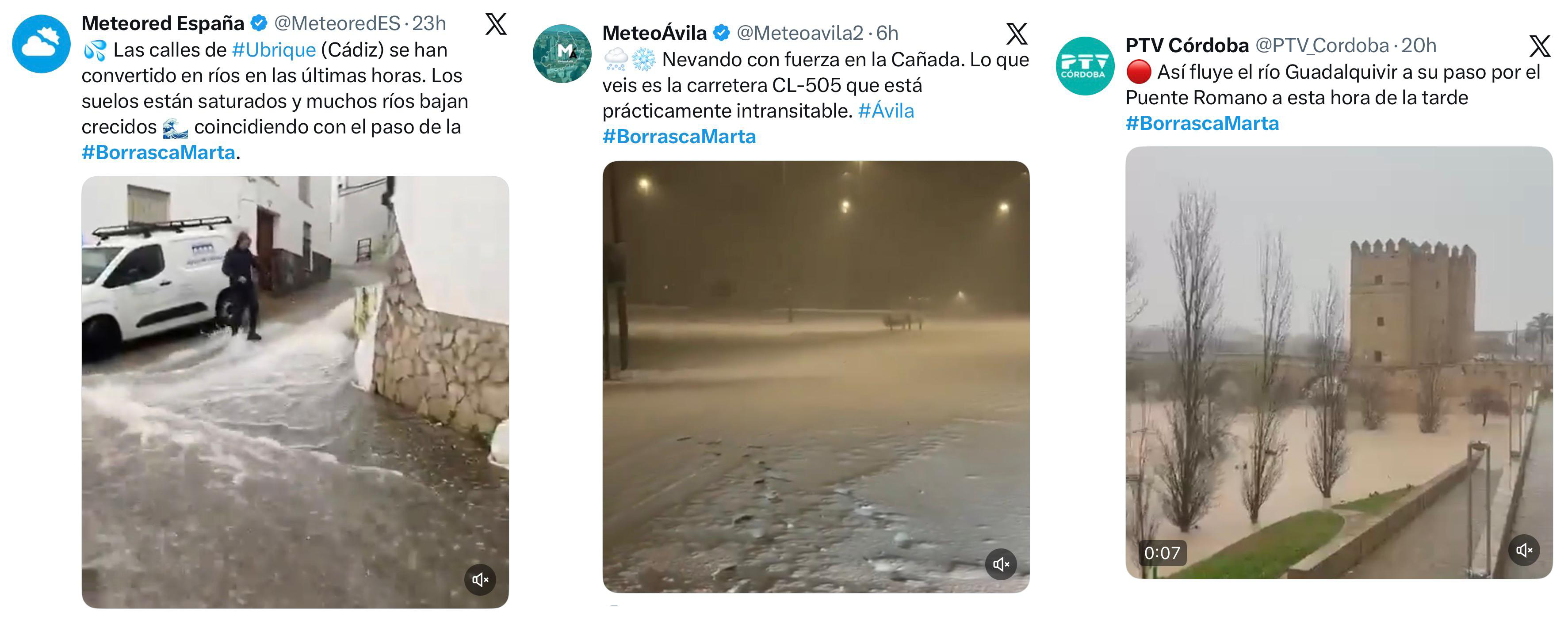 Reportes publicados en X relativos a algunos de los impactos ocasionados por la borrasca Marta.