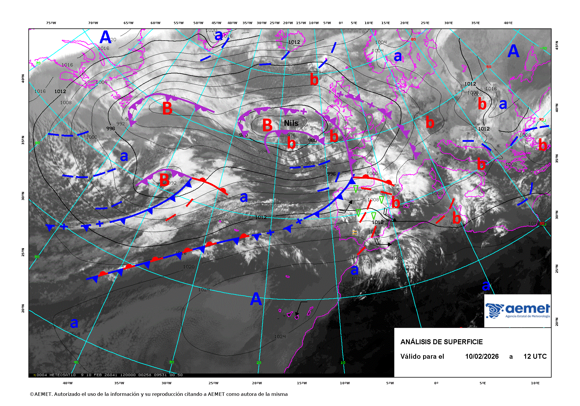 Evoluci&oacute;n de Nils entre los d&iacute;as 10 y 14 de febrero de 2026 (an&aacute;lisis cada 12 horas).