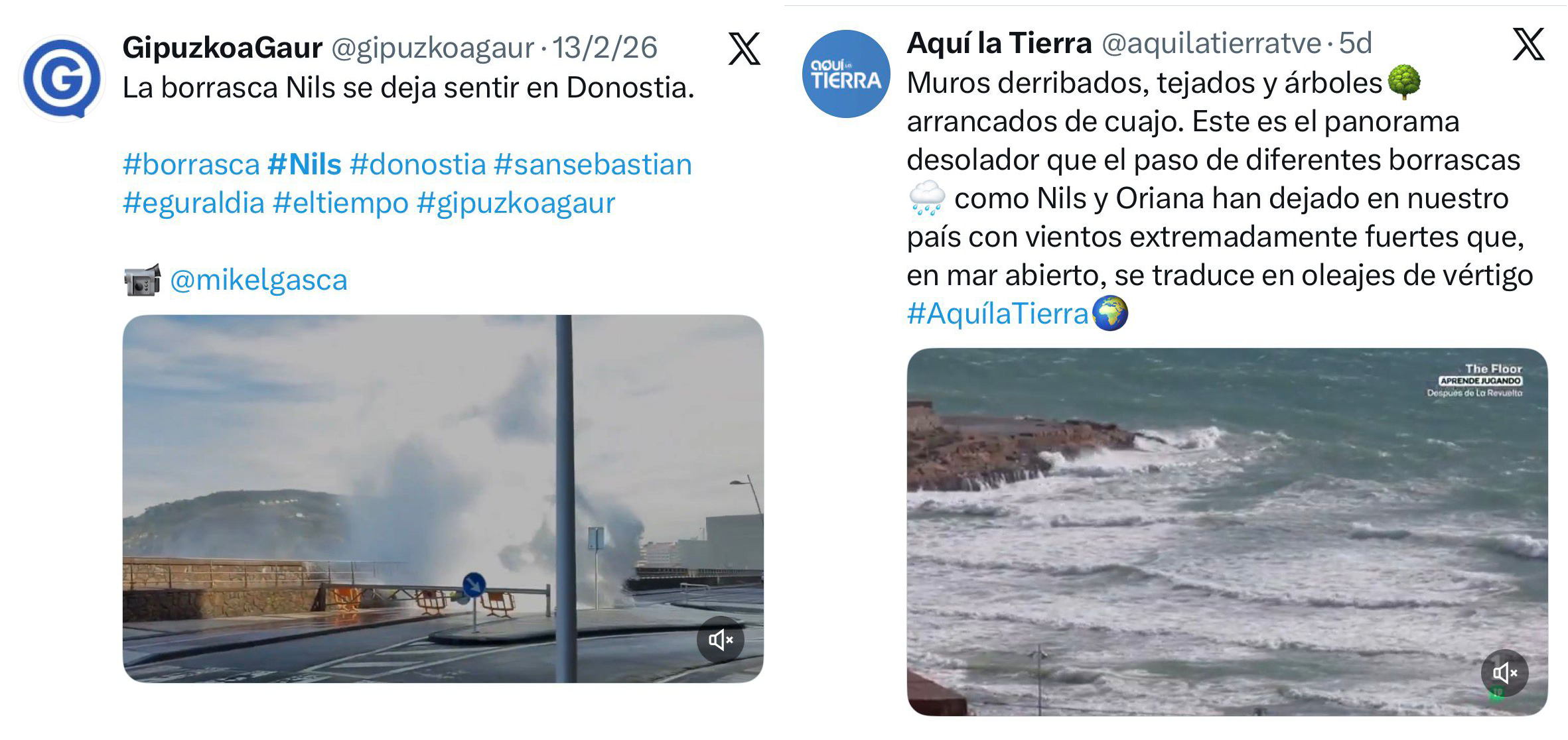 Reportes publicados en X relativos a algunos de los impactos ocasionados por la borrasca Nils.