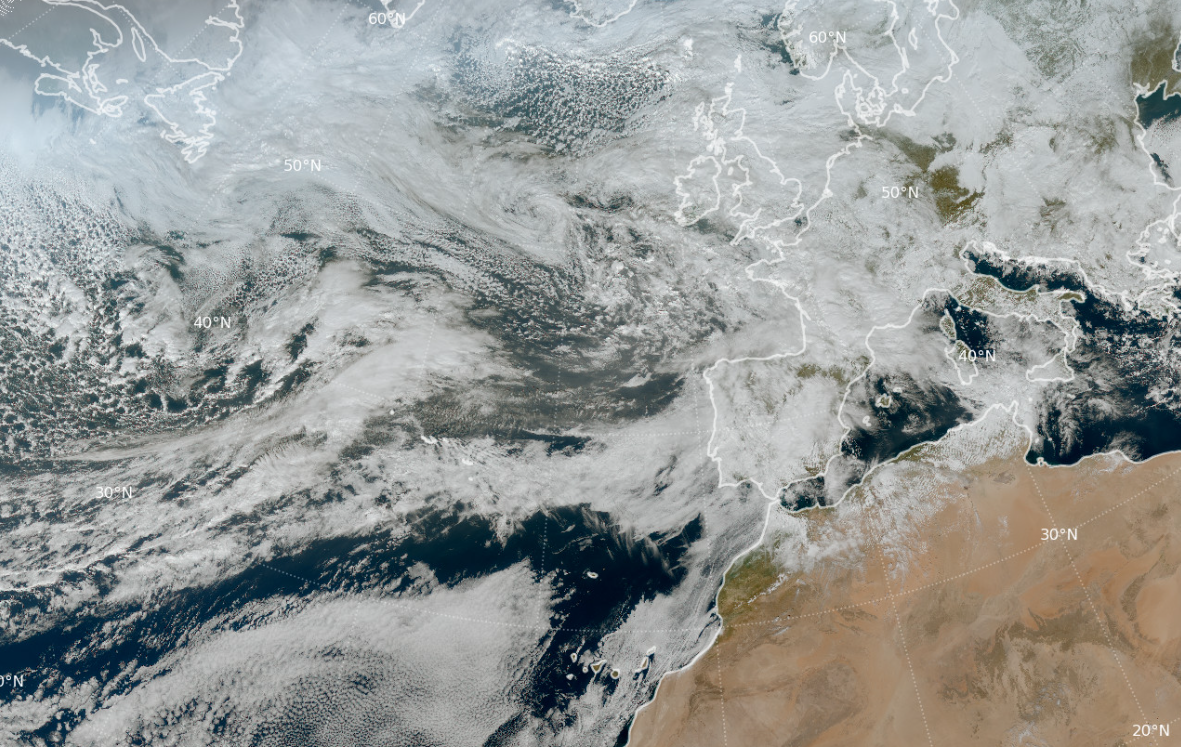 Borrasca Nils a las 12 UTC del d&iacute;a 10 de febrero de 2026 situada al oeste de Irlanda. Imagen RGB color verdadero del sat&eacute;lite Meteosat-12.