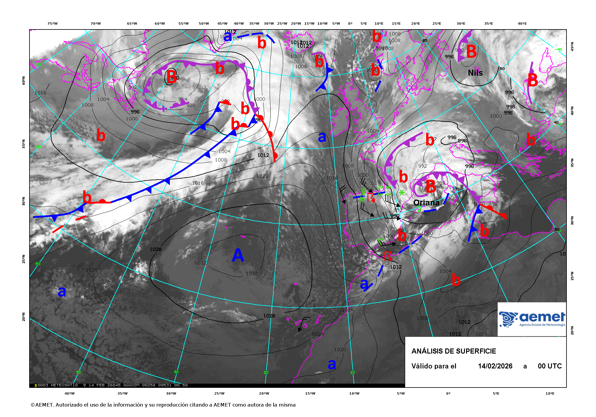 Evoluci&oacute;n de Oriana entre los d&iacute;as 14 y 15 de febrero de 2026 (an&aacute;lisis cada 12 horas).