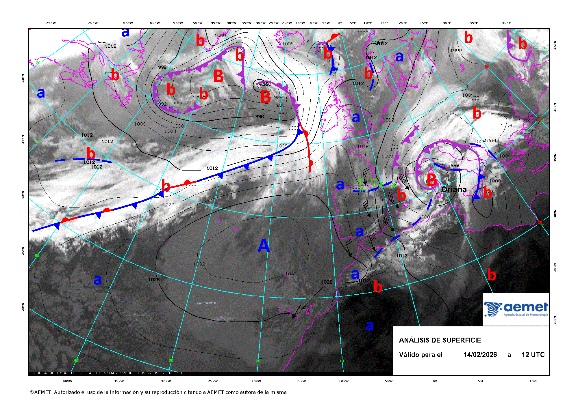 An&aacute;lisis de superficie de las 12 UTC para el d&iacute;a 14 de febrero de 2026.