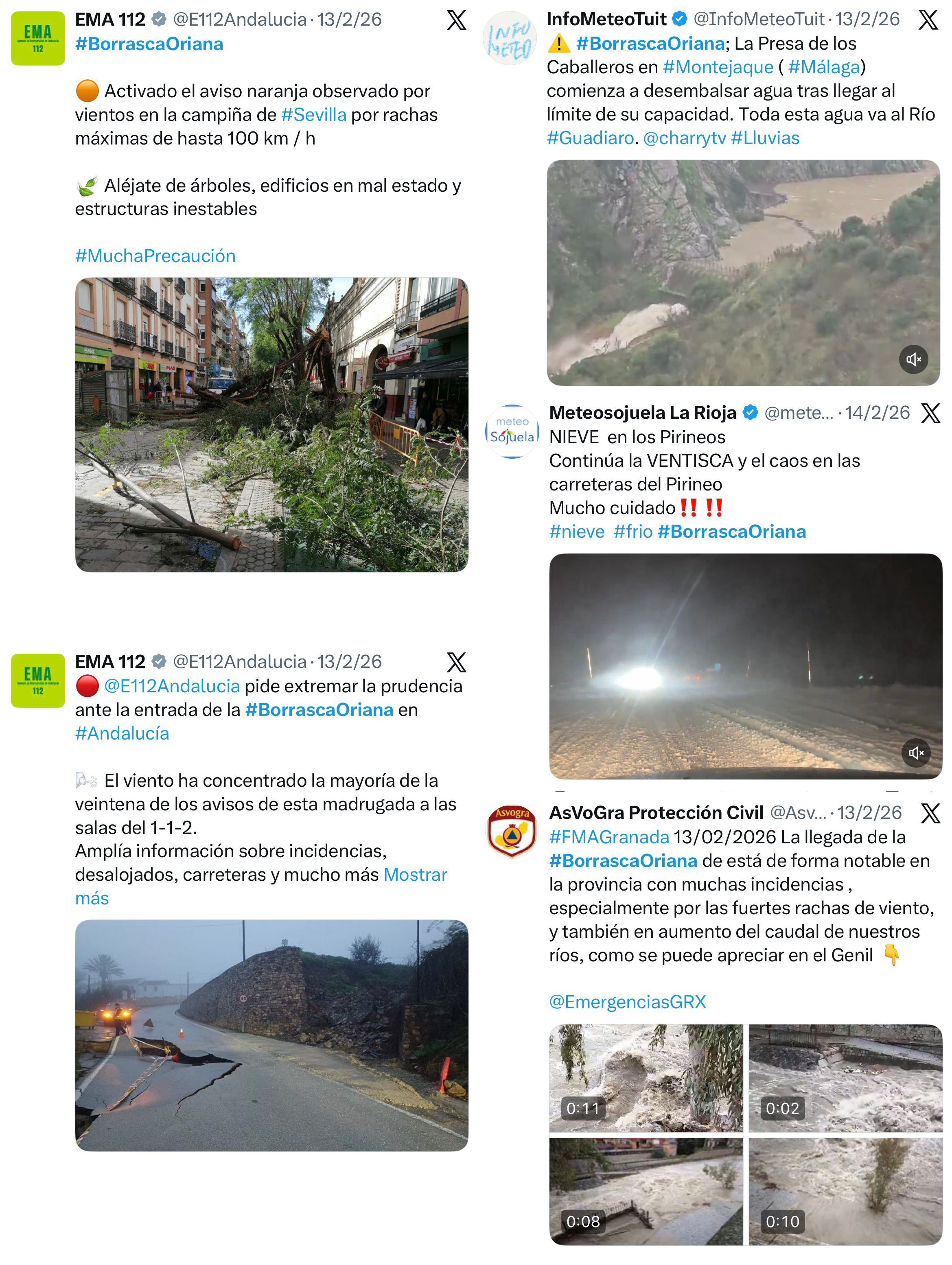 Reportes publicados en X relativos a algunos de los impactos ocasionados por la borrasca Oriana.