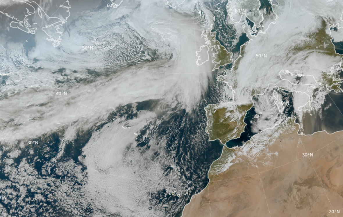 Borrasca Oriana a las 12 UTC del d&iacute;a 14 de febrero de 2026 situada sobre C&oacute;rcega y afectando al Mediterr&aacute;neo occidental. Imagen RGB color verdadero del sat&eacute;lite Meteosat-12.