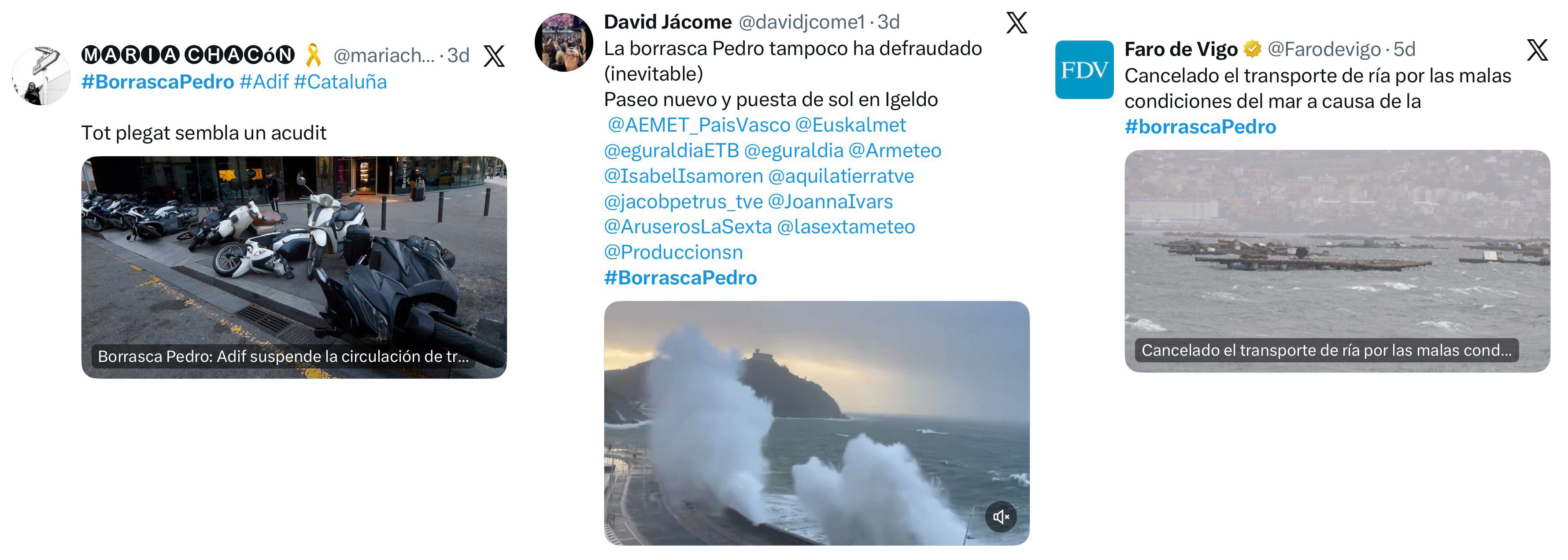 Reportes publicados en X relativos a algunos de los impactos ocasionados por la borrasca Pedro.