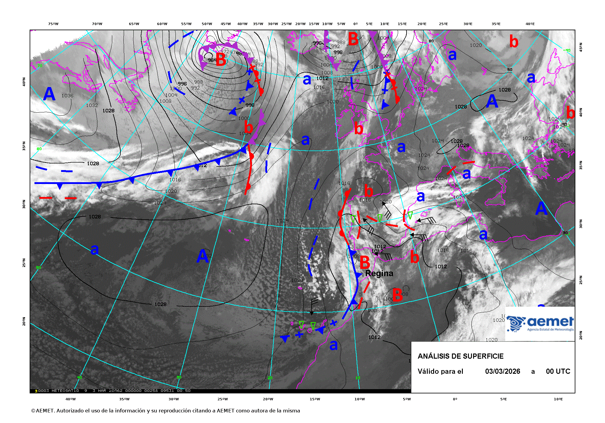 Evoluci&oacute;n de Regina entre los d&iacute;as 3 y 4 de marzo de 2026 (an&aacute;lisis cada 12 horas).